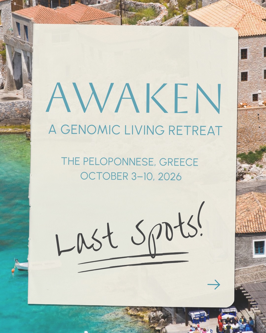 Edited: One room (single or shared) available!!!
Awaken
October 3–10, 2026
Peloponnese, Greece
A retreat to align your biology, rhythms, and purpose.
DM with questions or register today for this last room!