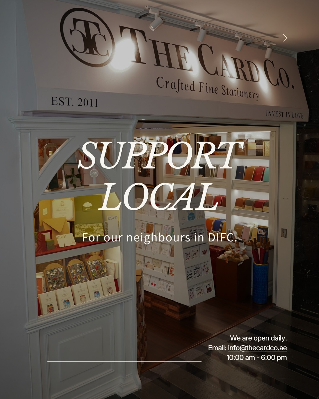 DIFC isn’t just where we work, it’s the community we grow with. We’re proud to be part of this neighbourhood, and even prouder to stand with the people behind it.
Come by and say hello.
Visit us at Level B1, Marble Walk Gate Building,
#SupportLocal #DIFC #TheCardCo #Designers #LocalBrand