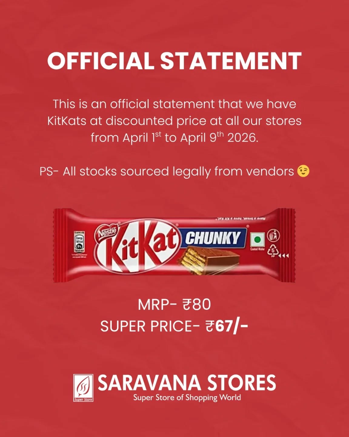 We promise..it's all legal 😉
Shop kitkat from your nearest Super Saravana Stores today!
.
#officialstatement #kitkatheist #kitkat #trending #fyp