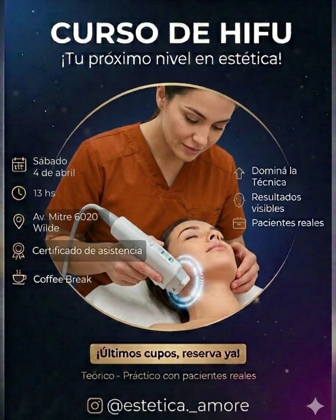CURSO COMPLETO DE HIFU ✨
¡LLEVÁ TU CONSULTORIO AL SIGUIENTE NIVEL ! 🚀
¿Querés aprender a usar HIFU desde cero y con seguridad?
Te invitamos a una jornada intensiva para transformar tu perfil profesional.
🎯 Temario:
✅ Uso correcto y protocolos efectivos.
✅ Cantidad de disparos por zona, cual zona si y cual no.
✅ Dominio de todos los cabezales, graduaciones e intensidades.
✅ Técnicas faciales y corporales.
✅ Contraindicaciones, tips, mitos y errores comunes.
📅 Lunes 04/04
🕙 13 hs
📍 Av. Mitre 6020 Wilde Modalidad PRESENCIAL
⏳ Duración: 1 clase intensiva 4 horas aprox. (Teórico - Práctico con pacientes reales)
🎖️ Recibís certificación de asistencia
¡Cupos limitados! Comentá "HIFU" y te mandamos toda la info por DM. 📲
.
.
.
#curso #capacitacion #hifu