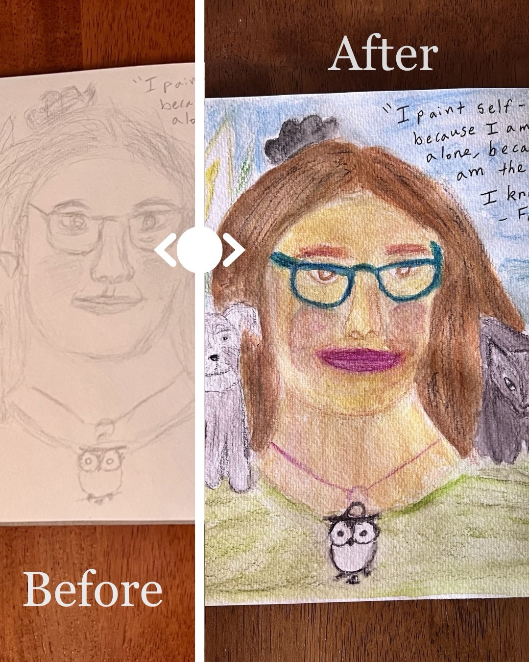 This is your reminder to never let your doubts stop you from what matters to you. I promise I’ve been making progress on my poetry writing, but my recent artwork has reminded me about pushing through my doubts not only in my visual arts but also in my writing, including writing my next poetry book.
I was worried that painting my drawing inspired by Frida Kahlo, especially her “Self-Portrait with Thorn Necklace and Hummingbird,” wouldn’t turn out like I expected. It took me days then I decided that instead of using traditional painting, I would use water-solvent pencils with a water brush. I’m so grateful I kept going. Sometimes it’s just trying material that works for you. This is something I have to remind me when it comes to writing. I still have ways forward. And so do you. 💚