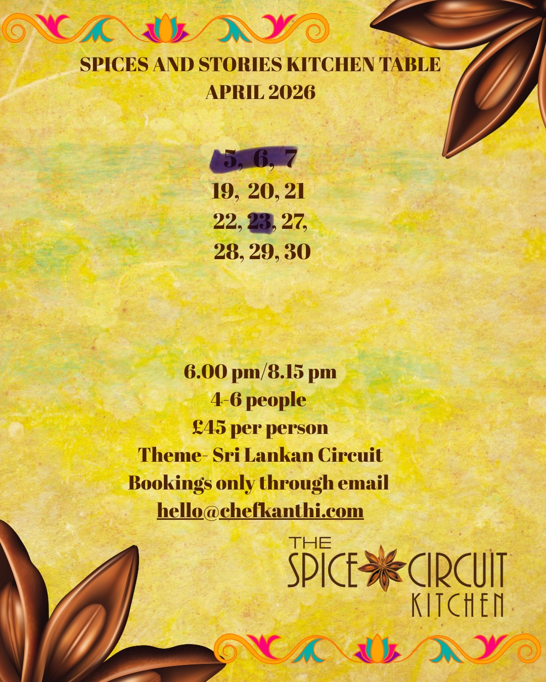 These are the available dates for the tasting menu at @t_s_c_kitchen ‘Spices and Stories’ table for month of April.
We be going back to where it all began - the region of Andhra Pradesh where my parents come from. So, expect lot of home grown recipes and classics on the table and of course plenty of stories.
£45 per head
To book email hello@chefkanthi.com
See you all at the table.