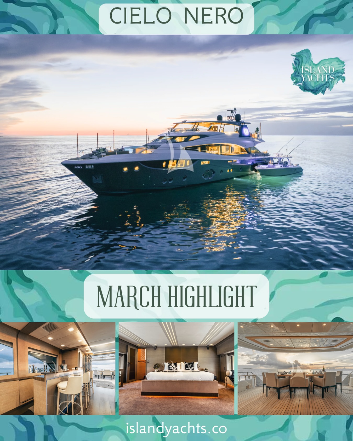 CIELO NERO
105’ Monte Carlo luxury motor yacht
Accommodates 10 guests | 5 crew/ Built 2017 | Refit 2024
Featuring a full-beam master suite, expansive entertainment spaces, jacuzzi, stabilizers, and seamless indoor-outdoor living.
Designed for unforgettable charters, from sun-soaked lounging to elegant evenings at sea.
#IslandYachts #LuxuryCharter #CieloNero #YachtLife #BahamasCharters