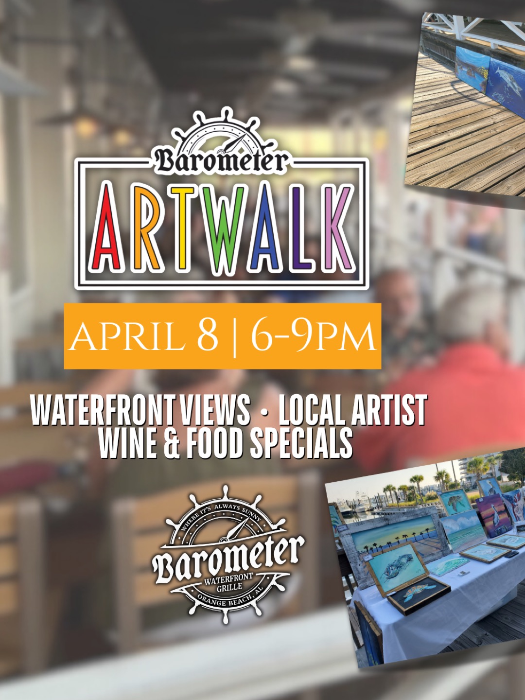 Art, wine, and waterfront views 🎨🍷
Join us April 8 from 6–9 PM for Art Walk — featuring local artists, food specials, and $5 wines. The perfect night to stroll, sip, and enjoy.