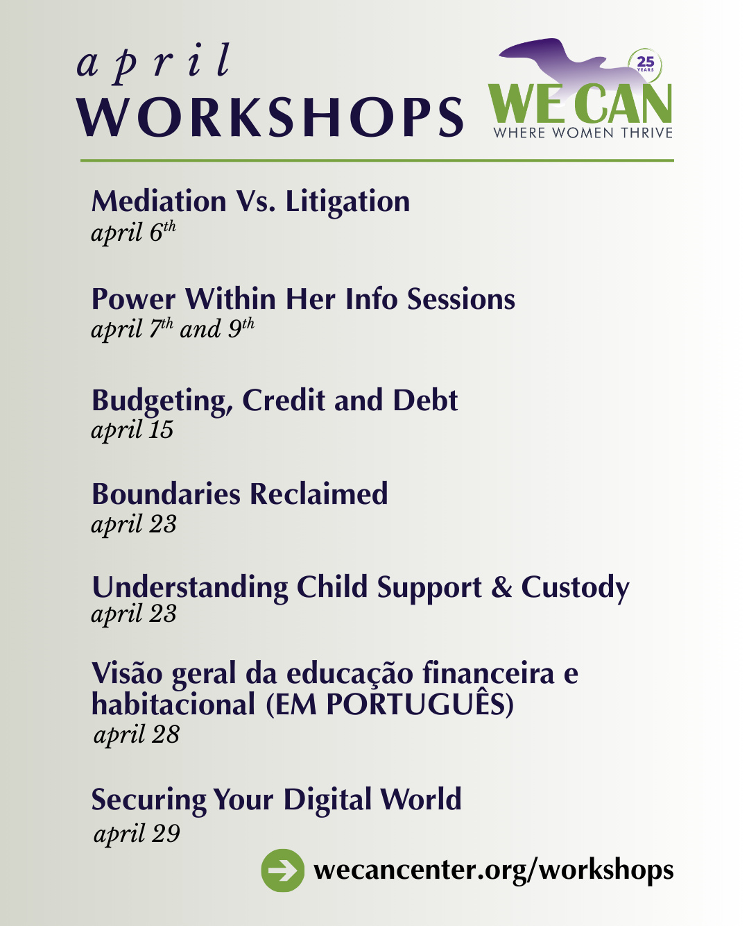 We have free workshops all month covering everything from mediation and child support to budgeting, cybersecurity, personal empowerment, and more. We're also offering a Financial & Housing Education session in Portuguese and Power Within Her info sessions for anyone interested in joining our upcoming empowerment group.
Workshops are happening in Harwich, Hyannis, and Falmouth, with one virtual option available. All free and confidential.
To register, email kimberly@wecancenter.org or call 508-430-8111. Full schedule at the link in our bio.