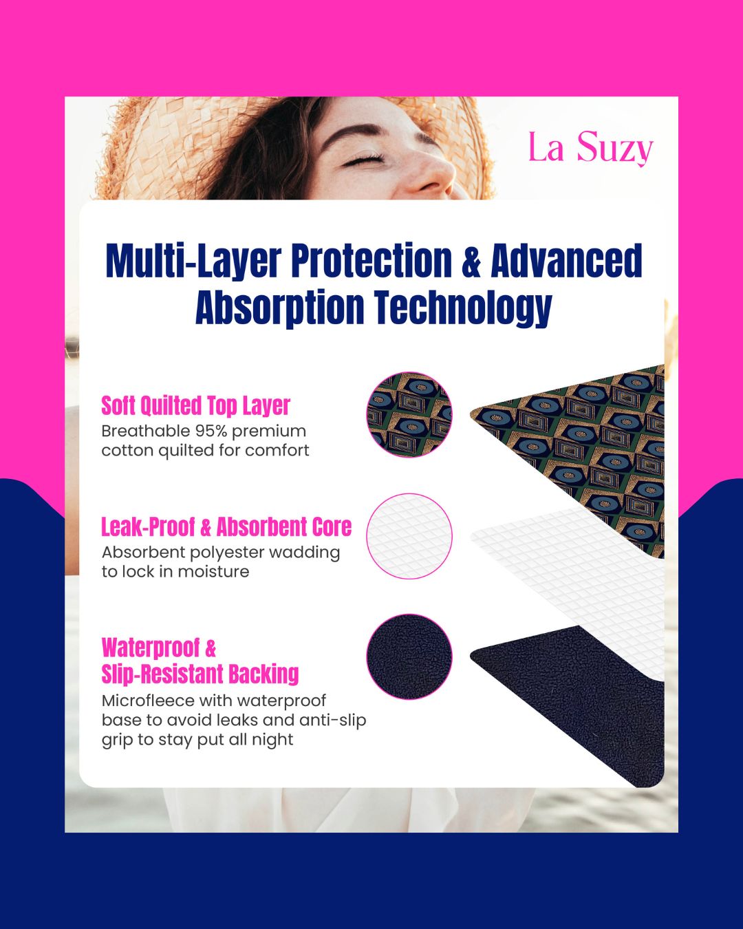 Our period mat is designed with multi-layer protection and advanced absorption technology to keep you secure day and night.
✨Soft quilted top layer for breathable, cotton comfort
💧 Leak-proof absorbent core to lock in moisture
🛡️ Waterproof, slip-resistant backing for all-night peace of mind
#LaSuzy #PeriodProud #SustainablePeriods #BetterPeriods #MenstrualHealth #PeriodTalk #SustainablePeriods #PeriodCare #ReusablePeriodMat #EcoFriendlyLiving #PeriodRevolution #PeriodPositivity #SelfCare #WomenEmpowerment #HealthAndWellness #FeminineCare #MenstrualHealth #PeriodTalk #EndPeriodPoverty #PeriodProblems #PeriodSupport #ThatTimeOfTheMonth #CycleSyncing #PeriodStruggles #PMSRelief #FlowWithConfidence