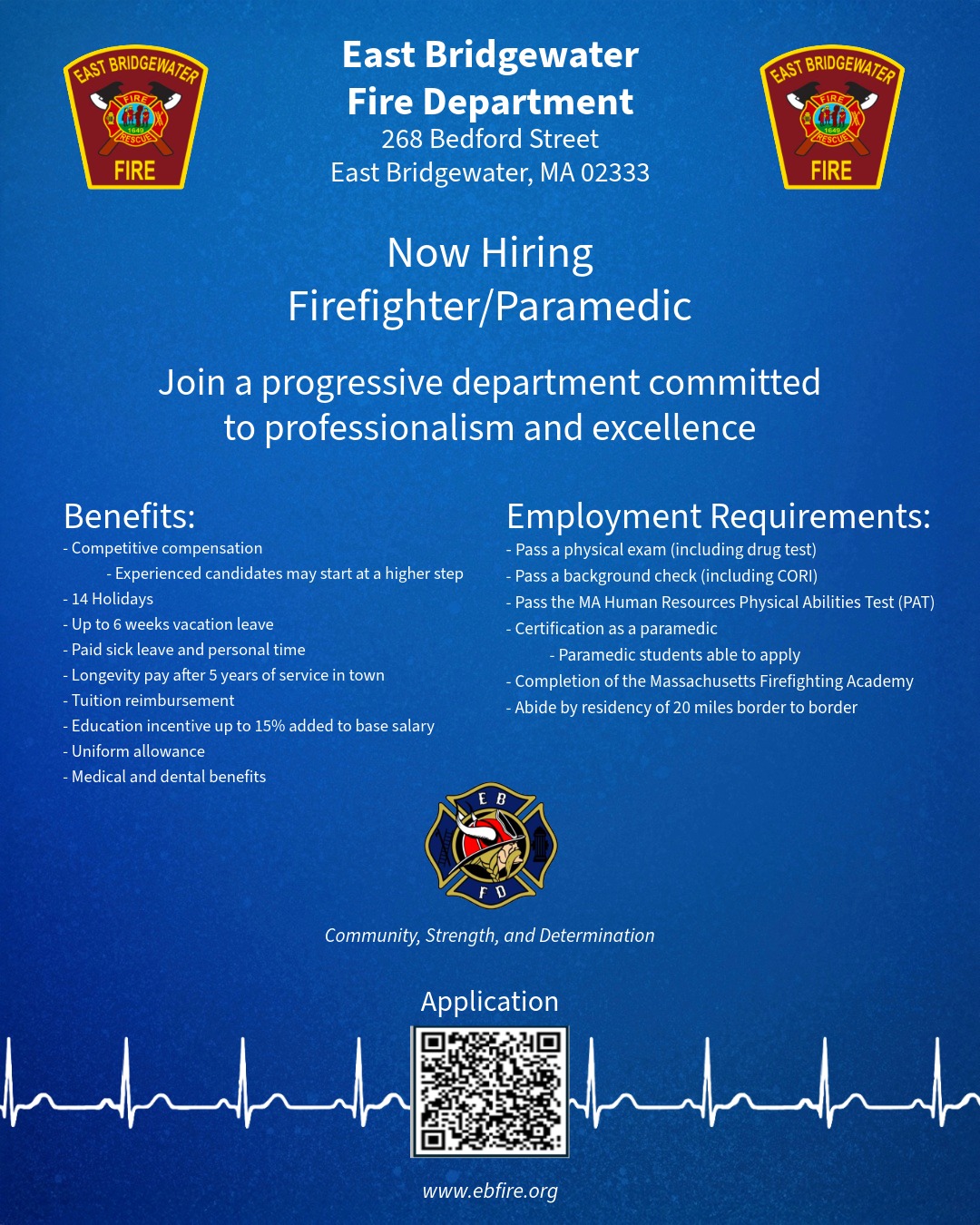 Exciting opportunity! East Bridgewater Fire Department
is seeking a Firefighter/Paramedic. See the job description and application process in the post.
#NMETC #Paramedicjob
