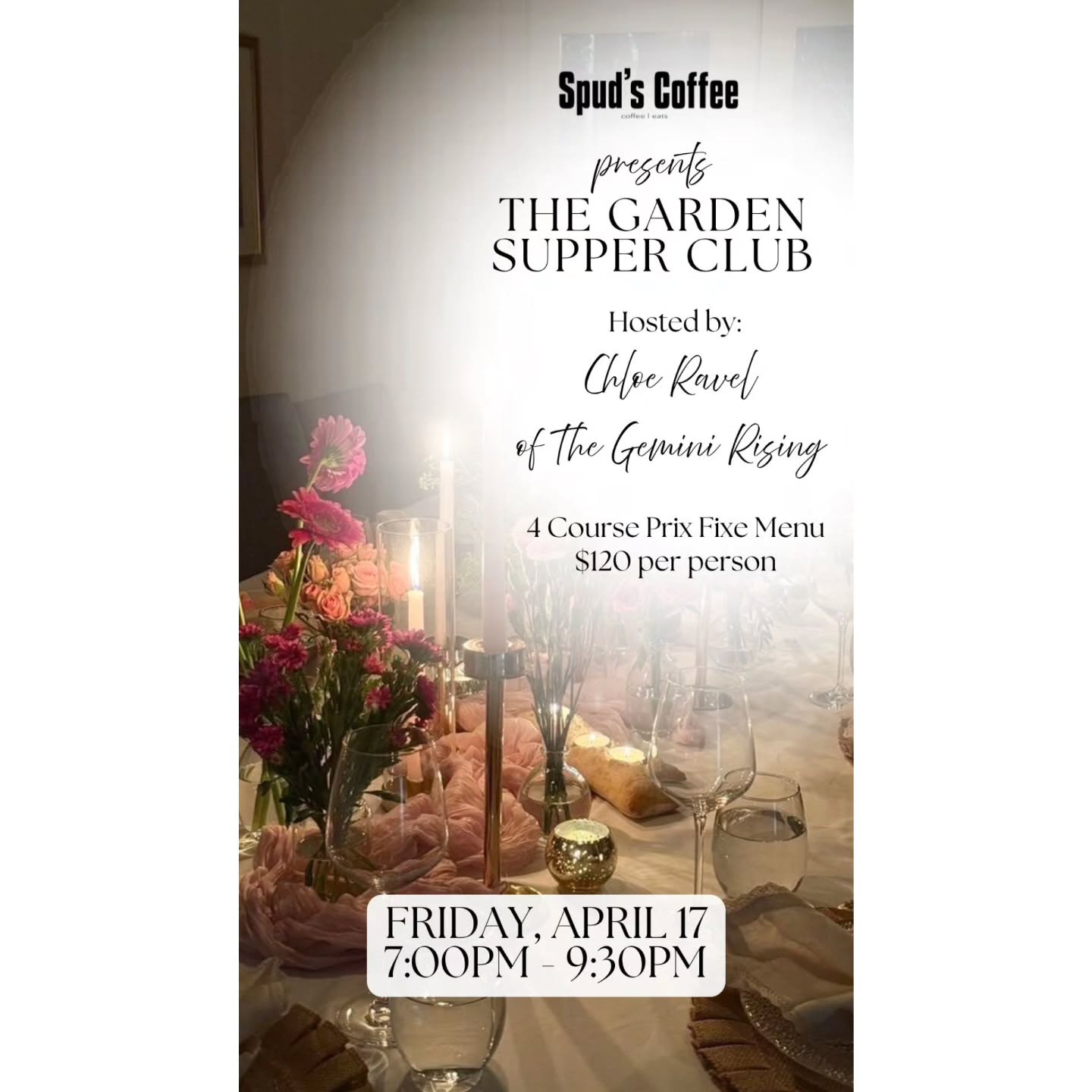 Spring dinner plans, found 🌸
Spud’s Coffee is turning its cozy neighborhood space into a garden-inspired supper club for one special evening on Friday, April 17 from 7:00 p.m. to 9:30 p.m.
Hosted with Chloe Ravel aka @thegeminirising_, The Garden Supper Club will feature a seasonal four-course prix fixe menu by Chef Megan Wilson, a welcome garden-inspired cocktail, fresh coffee service after dinner, and a relaxed communal atmosphere designed for slowing down and gathering around the table.
Guests can come with friends or solo, with menu options including primavera pasta, roasted snapper fillet, or roasted beef tenderloin, plus family-style starters, soup, shared sides, and dessert.
Tickets are going fast, BYOW, and spots are limited.
Tap the link in @spudscoffee’s bio to reserve your seat.
#Choose954 #SpudsCoffee #GardenSupperClub #PopUpDinner #TheGeminiRising