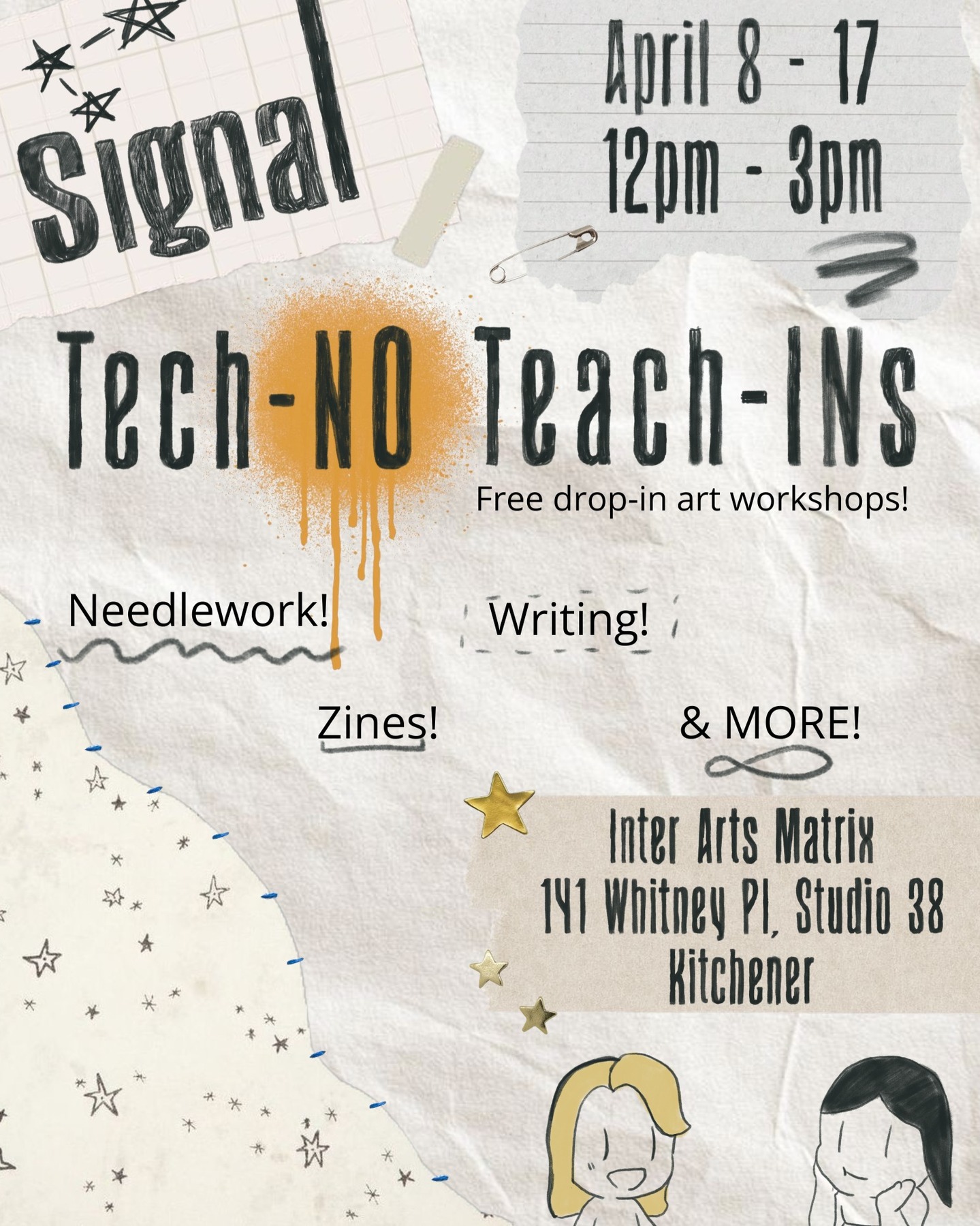 ✨ATTENTION CREATIVE HUMANS✨
Tech-NO Teach-Ins are being held across the month of April to help us reconnect with analogue forms of creativity that let the mind wander towards the possible of a world where digitial technology is a part of a much larger whole. The Teach-Ins feature a host of creative minds bringing forward practices of creative writing, collage, zine making, and visual art that existed long before social media. They ask us to consider what it is we love to do when we are not scrolling and how we may find our way back to these things as part of our daily practices.
Join us for a very chill environment for creating and making! There's some scheduled workshops, but it's mostly just Shana and Spencer vibing with crafts! Register at the link in bio (on our Eventbrite)
or here: https://www.eventbrite.com/e/tech-no-teach-ins-tickets-1986245123633?keep_tld=true
No previous arts experience required! 🫰