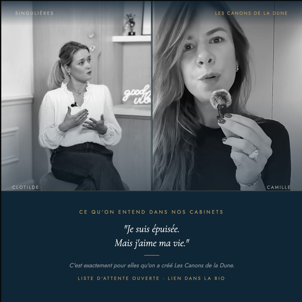 Depuis des années, je reçois des femmes dans mon cabinet.
Et il y a des phrases qui reviennent. Toujours les mêmes.
« Je suis épuisée. Mais j’aime ma vie. »
« Tout va trop vite. Je n’arrive pas à suivre mon propre rythme. »
« Je manque de femmes qui ont les mêmes ambitions que moi. Des vraies amies, pas juste des contacts. »
« Je mange pour me sécuriser. Pour souffler. Pour me faire du bien une seconde. »
Ces femmes ne sont pas fragiles. Elles sont fortes, actives, débordantes d’énergie et de projets. Mais elles portent trop. Et elles portent seules.
C’est pour elles qu’on a créé Les Canons de la Dune.
Pas un programme. Pas une thérapie de groupe. Juste un espace pour poser tout ça. Respirer. Rencontrer des femmes qui comprennent sans qu’on explique.
Vous vous reconnaissez ?
Cap Ferret · 25 au 27 septembre 2026.
La liste d’attente est ouverte. Lien dans la bio. 🔗
Camille & Clotilde · Singulières
.
.
.
#lescanonsdeladune #singulieres #weekendfeminin #chargemental #femmesactives nutritionniste sophroanalyste bienetre reseaufeminin capferret femmes developpementpersonnel epuisement amitie ambition