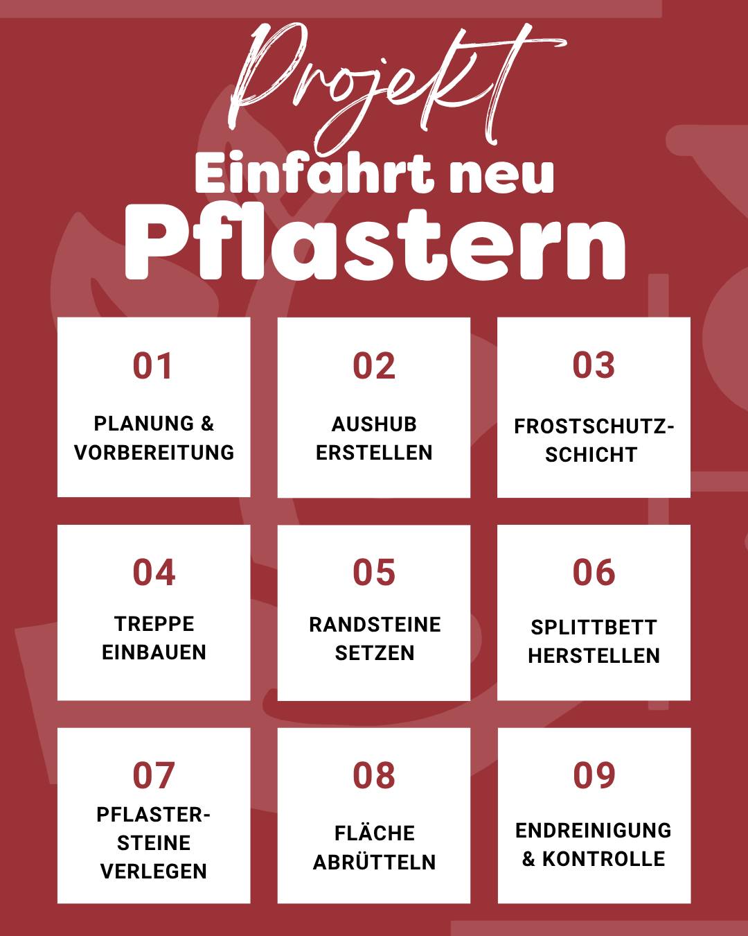 Schritt für Schritt zur perfekt neu gepflasterten Einfahrt! 🙌
Von Planung und Aushub über Frostschutz und Splittbett bis hin zum Verlegen und finalen Einsanden – so entsteht eine langlebige, saubere und fachgerechte Fläche.
Und das Beste daran 💚
Unsere Profis Marcus (Meister der perfekten Einfahrten) & Max sorgen dafür, dass jedes Projekt millimetergenau umgesetzt wird. 🔥🧱
➡️ Swipe durch alle 9 Schritte und sieh dir an, wie wir Einfahrten richtig machen!
#GALABAU #gartenundlandschaftsbau #pflastern #handwerk #teamramerth