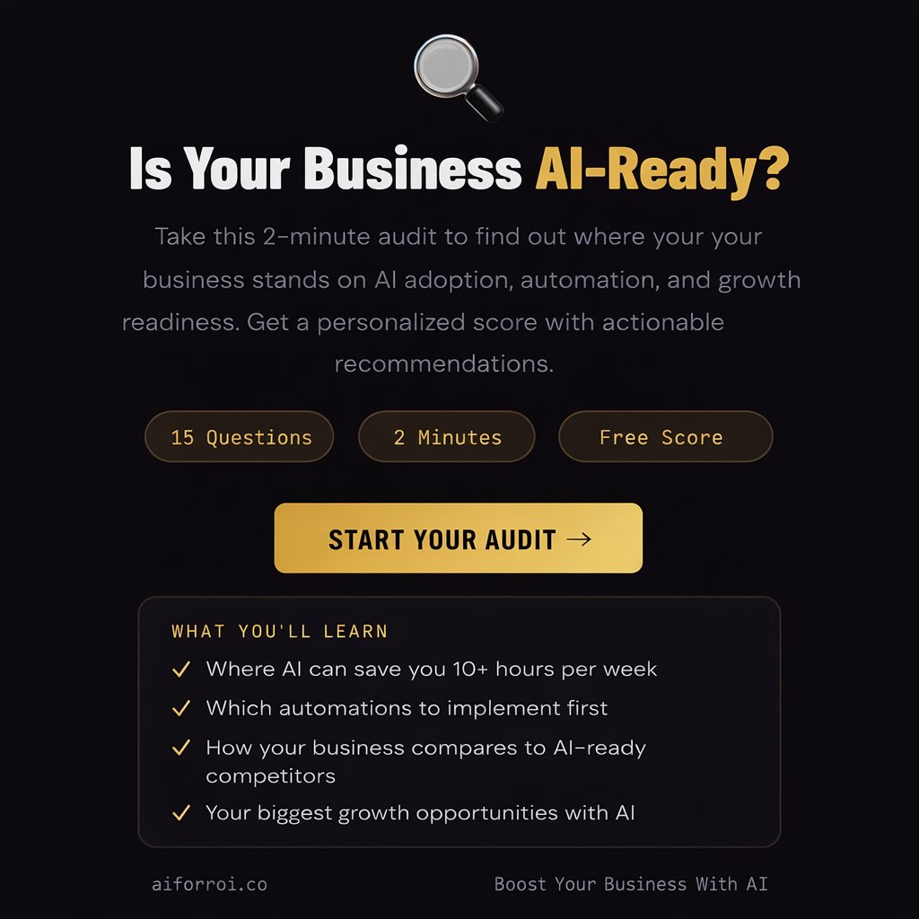 Not sure what’s holding your business back?
I’m offering a free business assessment where I’ll break down:
• What’s working
• What’s not
• What to fix first
Straight to the point. No fluff.
👉 Get your free assessment: https://audit.aiforroi.co/