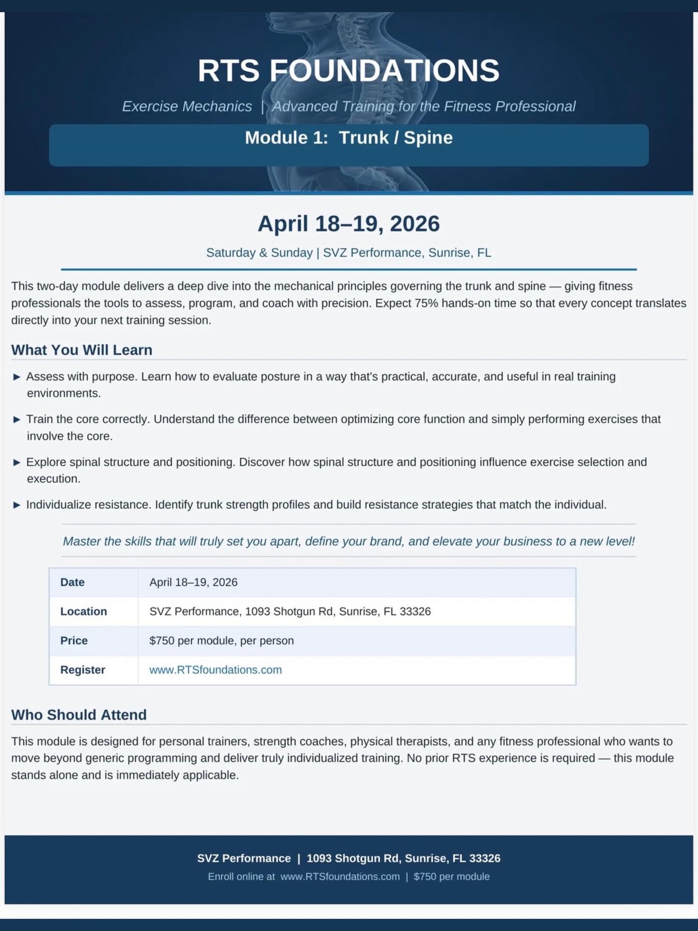 It was brought to my attention that the last post had a date error on the flyer. RTS trunk and spine will be held Saturday and Sunday April 18-19. Time is ticking for this amazing class. Register today on RTSfoundations.com. It’s going to be an incredible weekend.