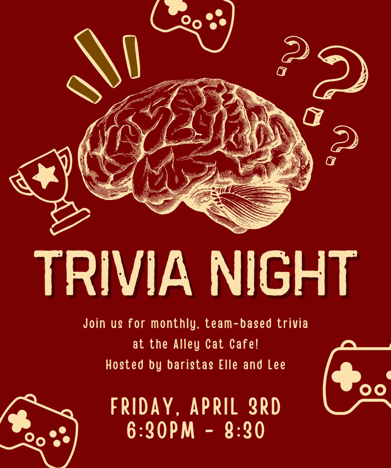 Alley Cat’s next Trivia Night will be tomorrow, April 3rd!!! Hosted by our incredible baristas, each one has a different theme. Last time it was “cat” themed, because of course… you’ll have to come and see what tomorrow brings ;) WINNERS RECEIVE PRIZES!
#fortcollins #trivianight #latenight #coffee