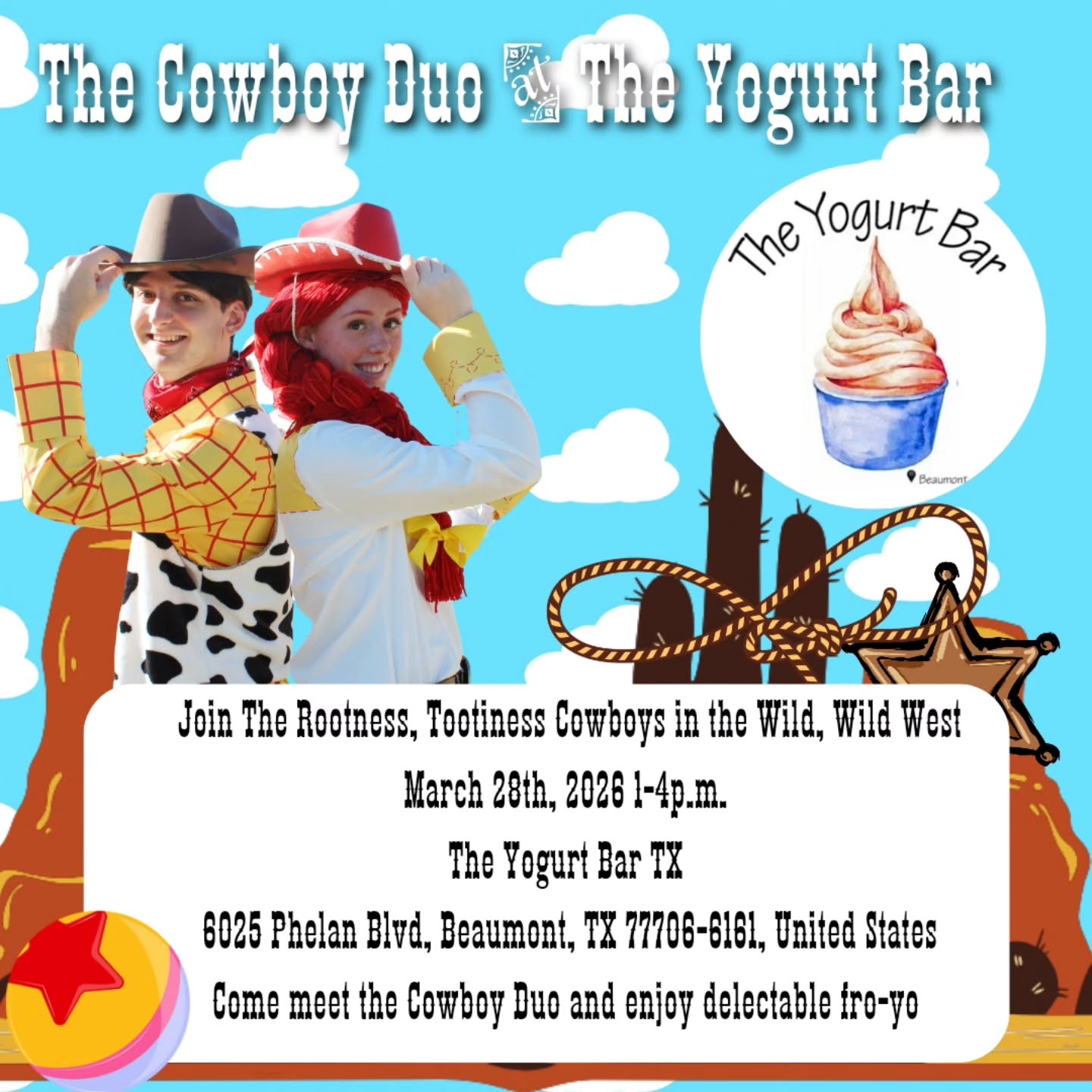 Want to know where to find us tomorrow?!
Come meet The Cowboy Duo
📆 March 28th
⌚️ 1:00 - 4:00pm
📍 6025 Phelan Blvd Ste D Beaumont
💲 FREE with FROYO purchase.
Bring your cameras and snap a picture and don’t forget to get to tag us!
🌸@centralmallportarthur March Kids Club: Bloom & Zoom 🌸
Shop, stroll, and soak in the springtime at our Bloom & Zoom event on Saturday, March 28 from 10 AM to 12 PM in the Central Mall parking lot, outdoors in front of American Freight!
FREE EVENT!
🐰 Meet the Easter Bunny (10–11 AM only)
🎨 Kids can paint a real Tesla truck!
⚡ Take a Tesla for a test drive and check out inside tutorials
🎲 Lawn Games & Goodies (while supplies last)
👩🎨 Face Painting
📚 Marion & Ed Hughes Library Pop-Up
After the fun, come inside for the Mid-County Farmers & Crafters Market!
It all takes place outdoors in front of American Freight -
3100 FM 365, Port Arthur, TX 77642
Don’t miss this one-of-a-kind Kids Club event. Bring the whole family for springtime fun and hands-on excitement!
We can’t wait to see you all 😉
#jackandjillsstorybookco