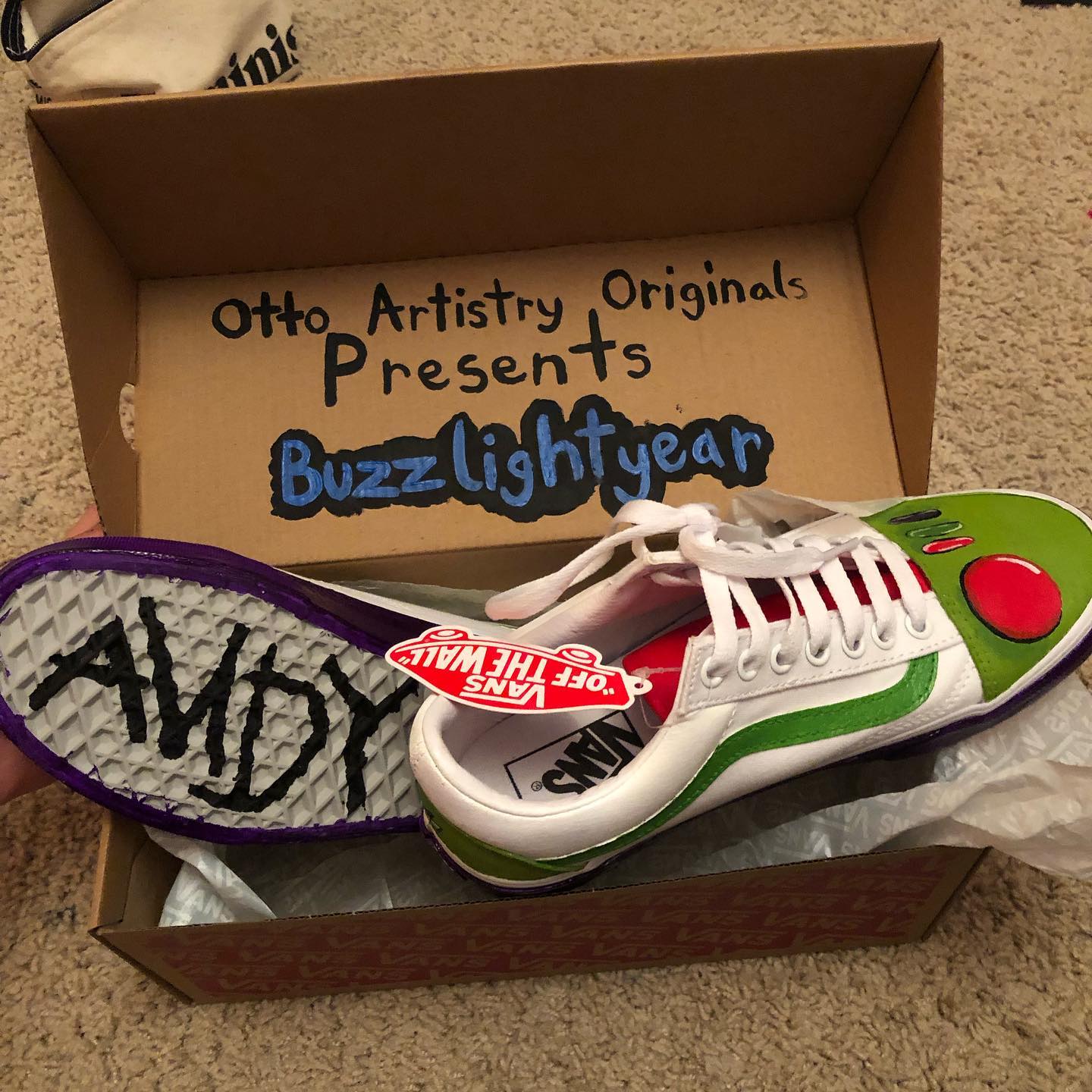 Buzz Lightyear painted vans! Happy 18th Jaden! Painted his buttons on the toes, emblem on the heel, the tongue is styled red and white stripes like his jet pack and purple base like his own shoes the green stripe glows in the dark and the green base just like the classic buzz highlights!🥳💙 DM to order your custom painted vans! (I paint converse, air Nike, and other shoe brands as well!) 💝