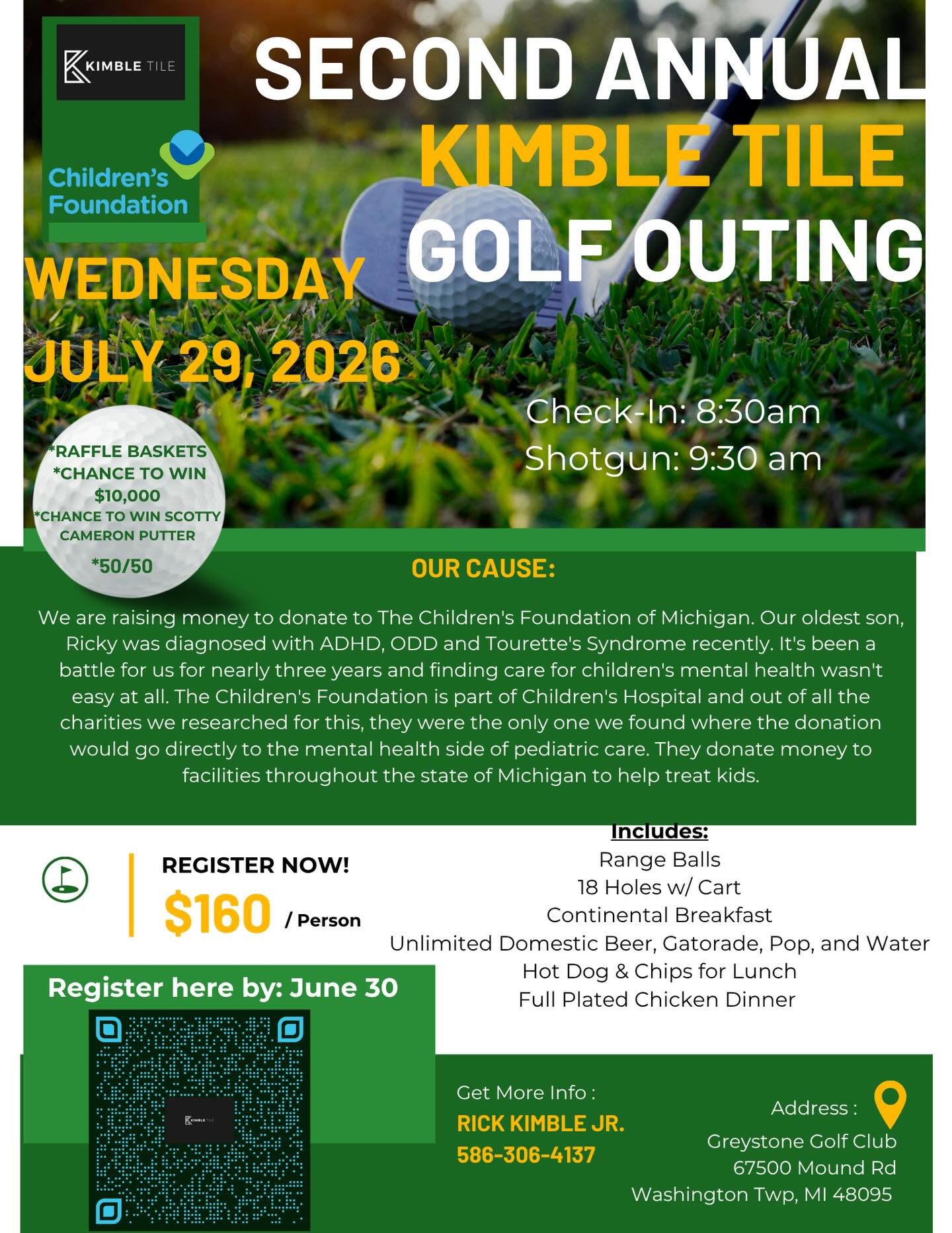 The Second Annual Kimble Tile Golf Outing is upon us! If you or someone you know likes to golf and raise money for charity, this is the event for you! Last year we raised nearly $10,000 for pediatric mental health, and this year we’re looking to raise even more. If you have any questions, contact me at 586.306.4137 or shoot me a DM. We are limited to 120 golfers this year, so get your foursome in as soon as possible. We are happy to be raising money for @yourchildrensfoundation again!