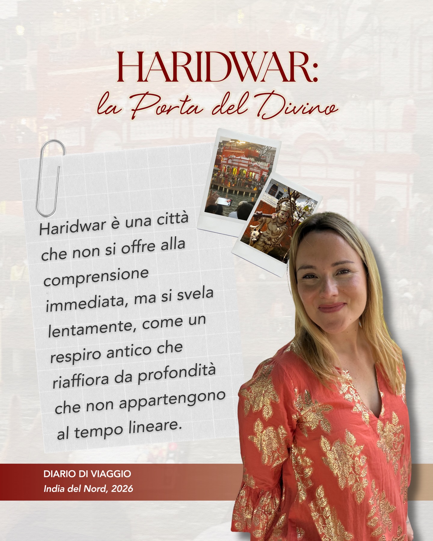 Haridwar è una città che non si offre alla comprensione immediata, ma si svela lentamente, come un respiro antico che riaffiora da profondità che non appartengono al tempo lineare.
✨ Il suo stesso nome custodisce un varco, poiché Dwar significa “porta”: Haridwar è dunque “porta di Hari”, ossia accesso al Divino, passaggio, apertura, varco. E in India i varchi non sono mai metafore decorative, ma realtà esperibili, campi di Coscienza, luoghi in cui la materia sembra ricordarsi di essere Luce.
E forse è proprio questo che ho esperito fin dal primo passo in questo luogo, che sento molto familiare 🙏🏻
Haridwar è anche terra dei Sapta Rishi, i sette saggi primordiali, e questa memoria è vibrazione viva, stratificata nei secoli, sedimentata nelle acque del Gange, nei templi, nelle pietre, nei corpi di chi ancora oggi prega, canta, si arrende.
⏳ Ci sono luoghi nel mondo dove il tempo si interrompe, e Haridwar è uno di questi…
Ho raccolto in questo carosello alcuni dei momenti più belli del mio recente viaggio in India, avevo piacere a condividere con te le forti emozioni che ho provato ♥️
💬 Per leggere l’esperienza completa, scrivi “diario” nei commenti!
#indiadelnord #haridwar #india #vitaspirituale #diario