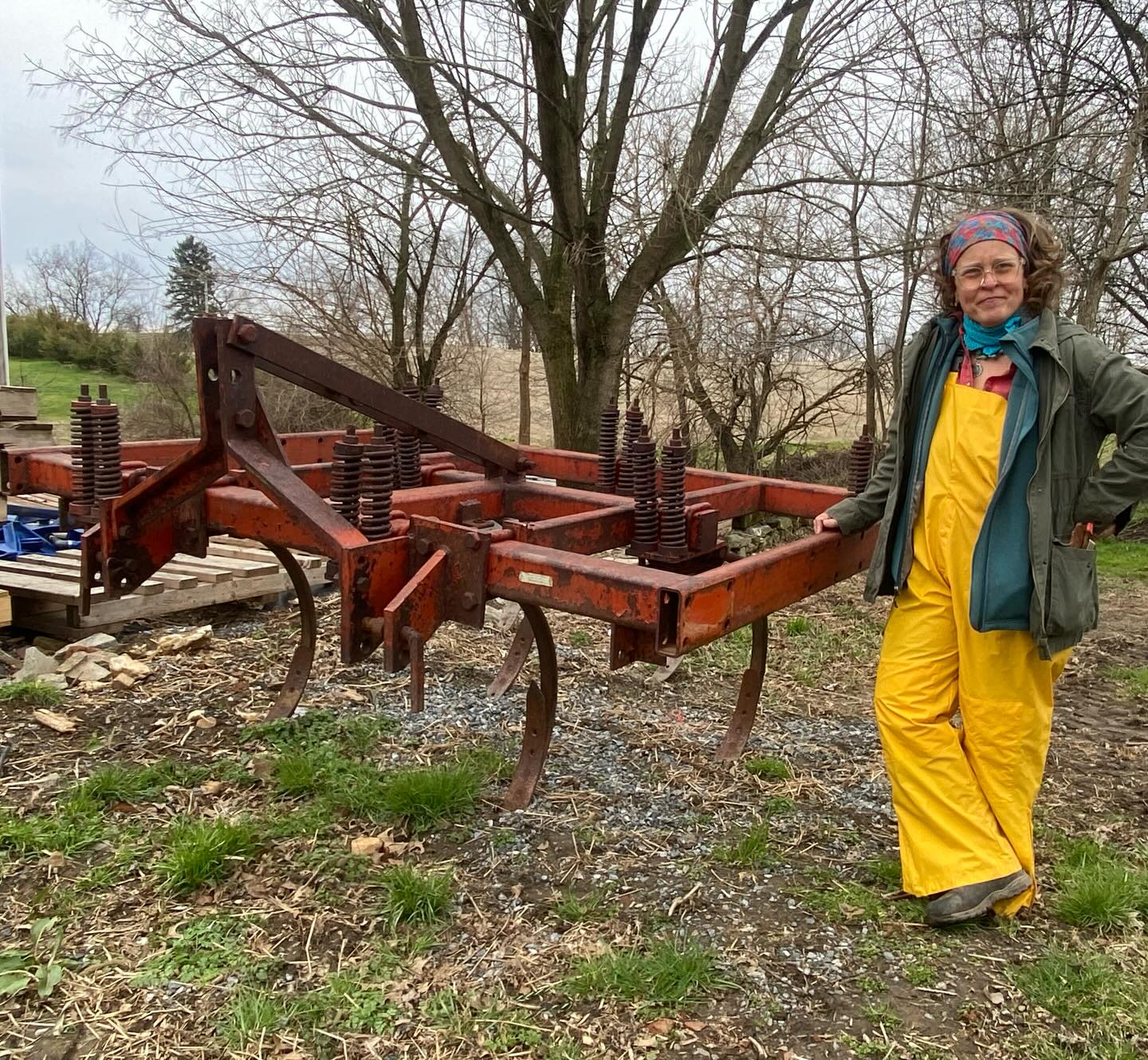 We are proud owners of a new piece of equipment! Meet our Athens Chisel Plow and Farm Crew mate Hezza standing beside. This girl will help us work up our fields this spring. Traditional spring farming would involve using a mold board plow but we have learned that a chisel plow is superior because it doesn’t disturb the microbiology of the soil as much and helps to open the soil without turning and flipping it. It works more like a big “claw”
We jumped on getting this equipment because we used to borrow one from our farm neighbors. We learned they sold theirs in the fall and so it was time to have our own. It feels like another level of “adulting” in our farming career!