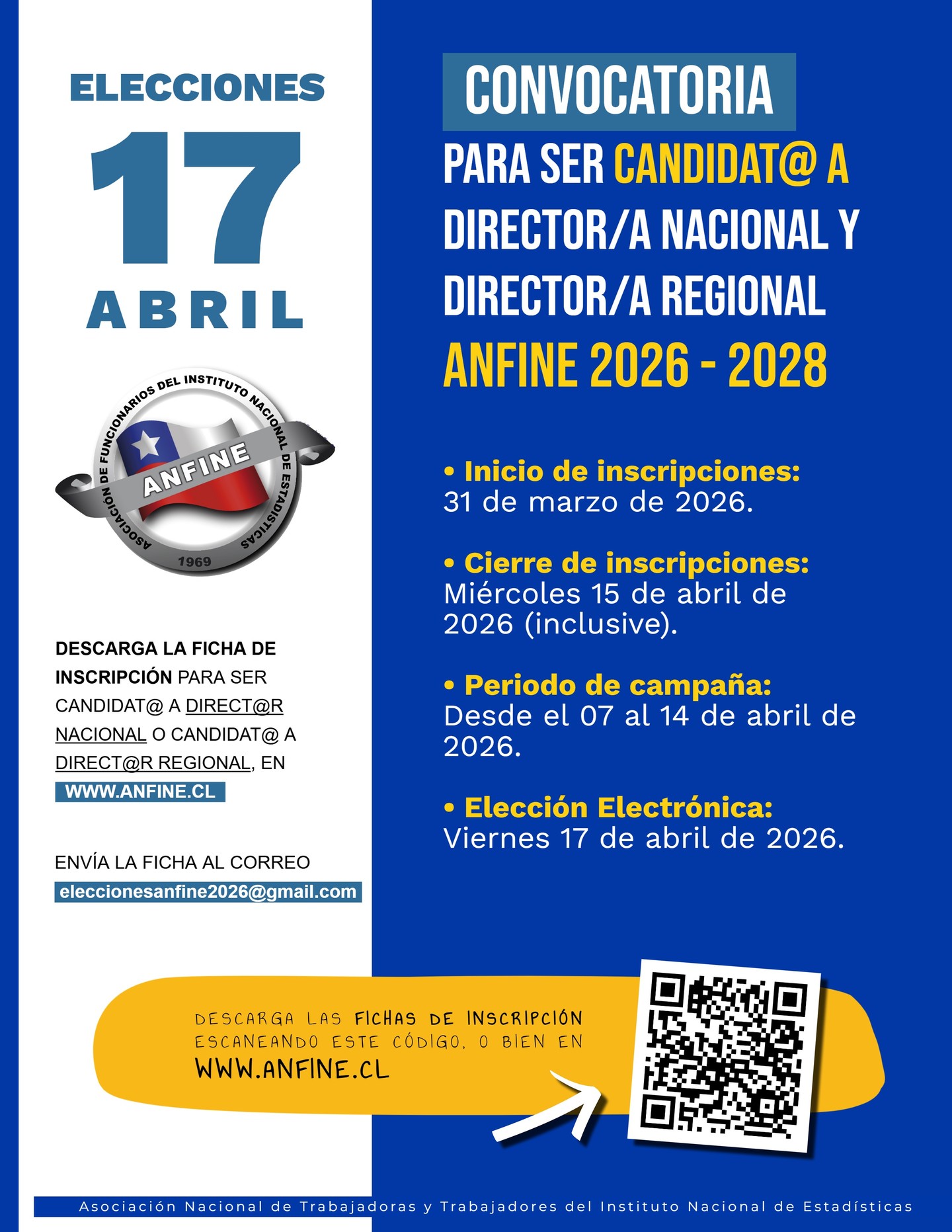 🗳️ ANFINE abre convocatoria a candidaturas para elecciones 2026-2028
📣 ¡Atención asociadas y asociados!
ANFINE convoca a postular para los cargos de Director/a Nacional y Director/a Regional para el período 2026 - 2028.
📌 Inicio de inscripciones: 31 de marzo de 2026
📌 Cierre de inscripciones: miércoles 15 de abril de 2026 (inclusive)
📌 Período de campaña: del 07 al 14 de abril de 2026
📌 *Elección electrónica:* viernes 17 de abril de 2026
📝 Descarga la ficha de inscripción en www.anfine.cl
📧 Envía tu ficha al correo: eleccionesanfine2026@gmail.com
✅ Súmate, participa y fortalece la organización con tu compromiso y representación.
#ANFINE #EleccionesANFINE #ConvocatoriaANFINE #CandidaturasANFINE #ParticipaciónSindical #DirectorioNacional #DirectorioRegional #Elecciones2026