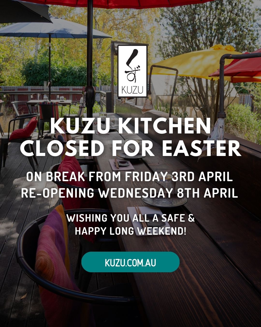 Just a little heads-up before the silly season of hot cross buns and family feasts kicks off, the Kuzu kitchen is taking a well-earned breather over Easter.
Closed from Friday 3 April, back at it Wednesday 8 April. Have a safe and happy long weekend, and we'll see you on the other side. 💛
#kuzuizakaya #kuzuwoodend #easter #macedonranges