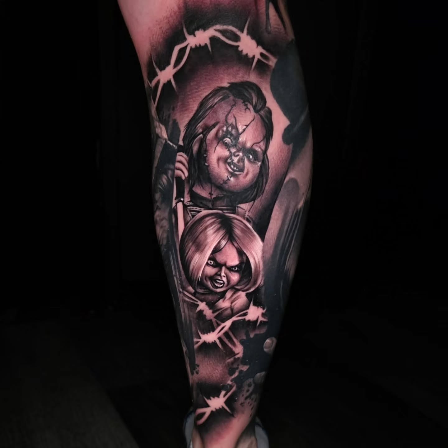 Chucky and Tiffany done as part of a horror leg sleeve by J.J. @j3ink