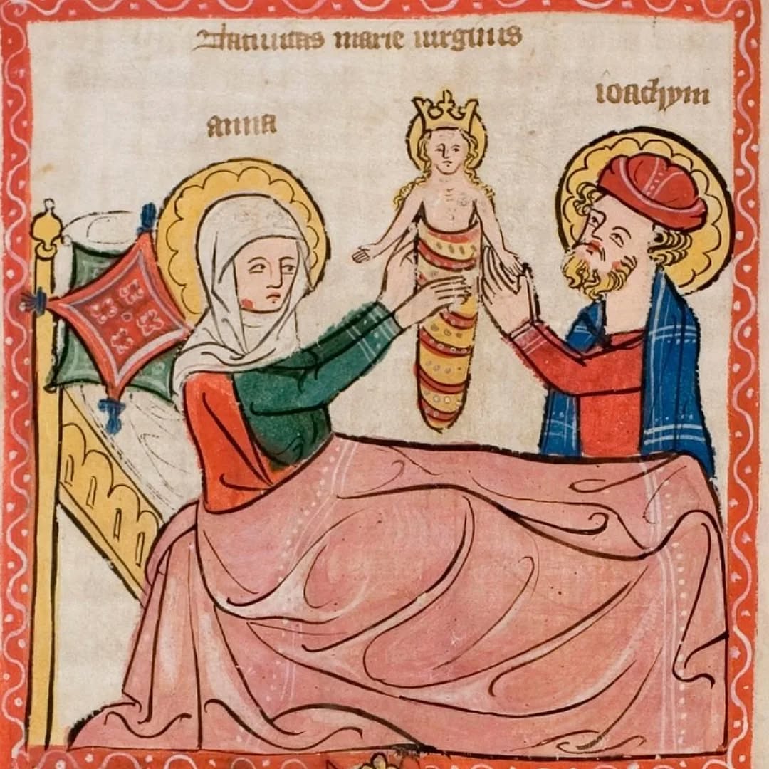 Nativité de la Vierge Marie, déjà couronnée de gloire dans Speculum humanae salvationis, v. 1360
Darmstadt, ULB, Hs 2505.
#medievalmanuscript
#medieval #mary #illuminatedmanuscript #manuscripts