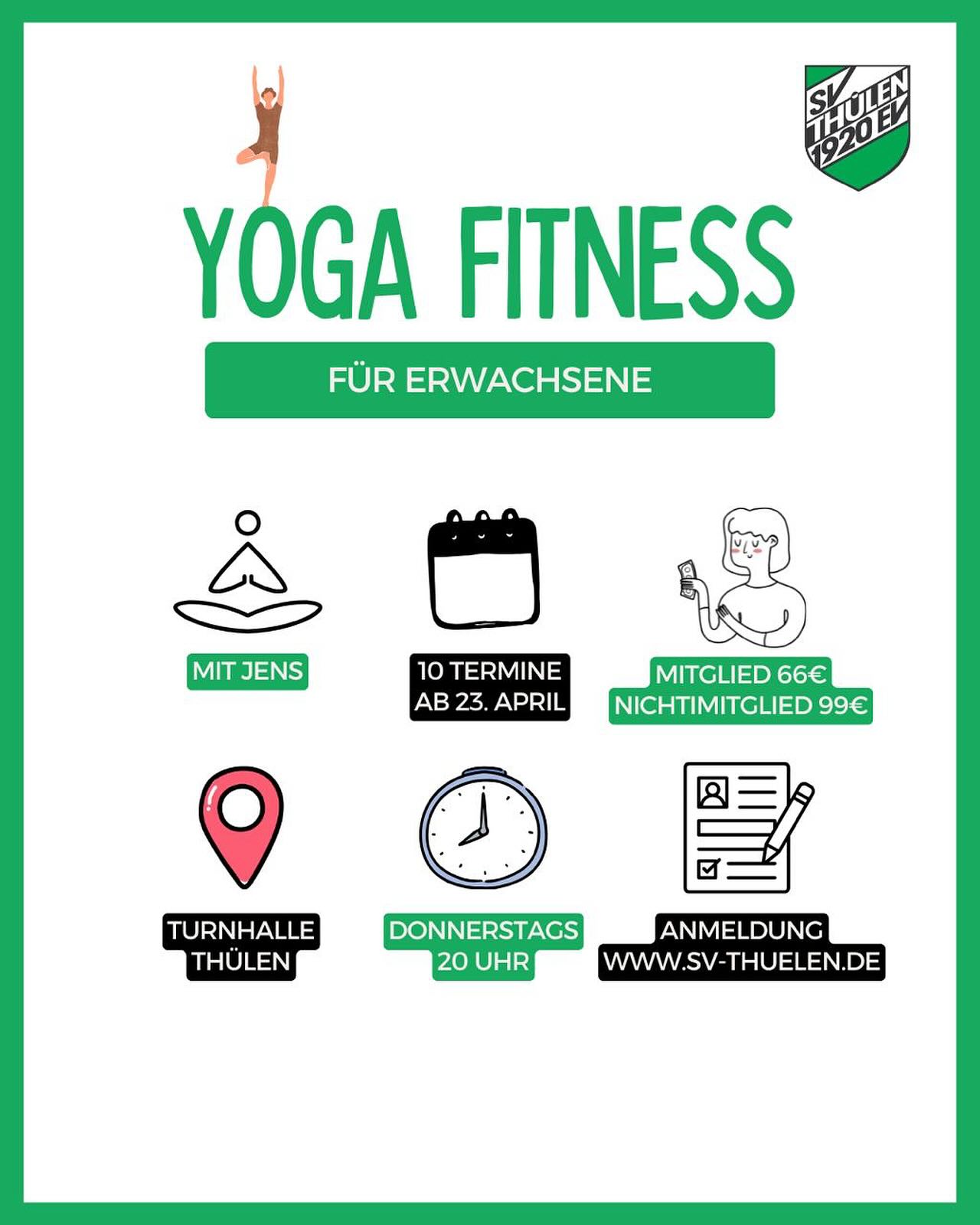 🧘♂️ Neuer Yoga-Kurs beim Sportverein Thülen 🧘♀️
Du möchtest etwas für deinen Körper tun, beweglicher werden und gleichzeitig abschalten? Dann ist unser neuer Yoga-Kurs genau das Richtige für dich.
Mit Jens Freiheit erwartet euch eine abwechslungsreiche Mischung aus Hatha Yoga, Atemtechniken, Achtsamkeit, Meditation, sanften Elementen aus Yin Yoga und Senioren-Yoga sowie Einflüssen aus Fitness und Rückenschule.
Der Kurs ist für Anfänger und Fortgeschrittene, für Jung und Alt geeignet.
Die Übungen werden individuell angepasst — alles kann, nichts muss.
📍 10 Termine
💶 66 € für Mitglieder
💶 99 € für Nichtmitglieder
🧘 Bitte Yoga- oder Gymnastikmatte mitbringen
Jetzt anmelden und dabei sein ✨
#sportvereinthülen #yoga #yogakurs #thülen #gesundheit #bewegung #achtsamkeit #entspannung #hathayoga #yinyoga #rückenschule #fitness #vereinsleben