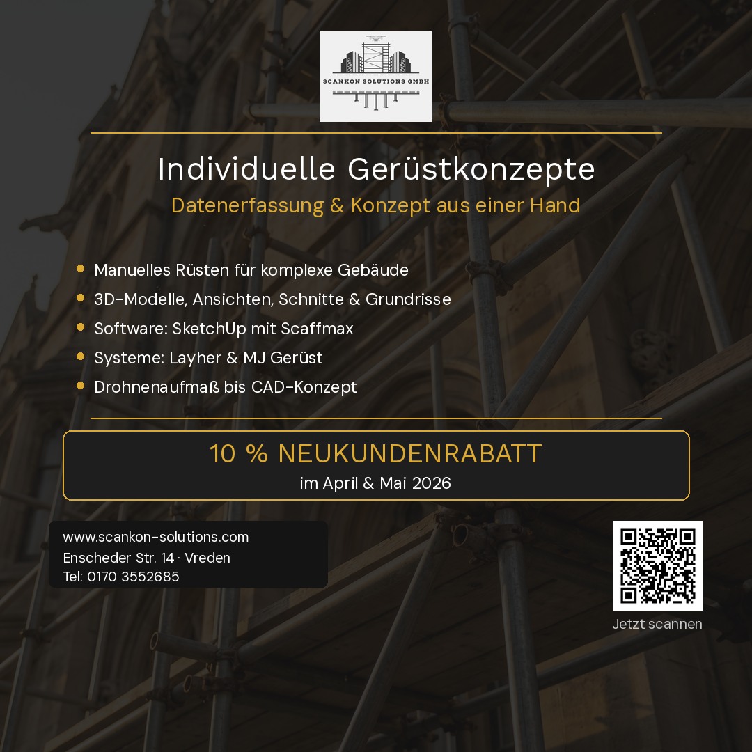 Individuelle Gerüstkonzepte – kein Gebäude von der Stange, kein Konzept von der Stange.
Wir erstellen Gerüstkonzepte, die sich an die tatsächliche Gebäudegeometrie anpassen. Wir lasen nicht den PC für uns modellieren, wir machen das selbst! Manuelles Rüsten für komplexe Strukturen – vom Drohnenaufmaß bis zur fertigen 3D-Planung.
→ digitale Gebäudeerfassung
→ Konzeptgrundlage in auf Bestandsmesh oder Punktwolke
→ SketchUp + Scaffmax
→ Layher & MJ Gerüst
→ 3D-Modelle, Schnitte, Ansichten & Grundrisse
Neukunden erhalten im April & Mai 10 % Rabatt.
Link in Bio
#Gerüstkonzept #Gerüstbau #SketchUp #Layher #MJGerüst #3DModell #Drohne #ScanKonSolutions #ManuellesRüsten #CAD #Fassade #NRW #Vreden