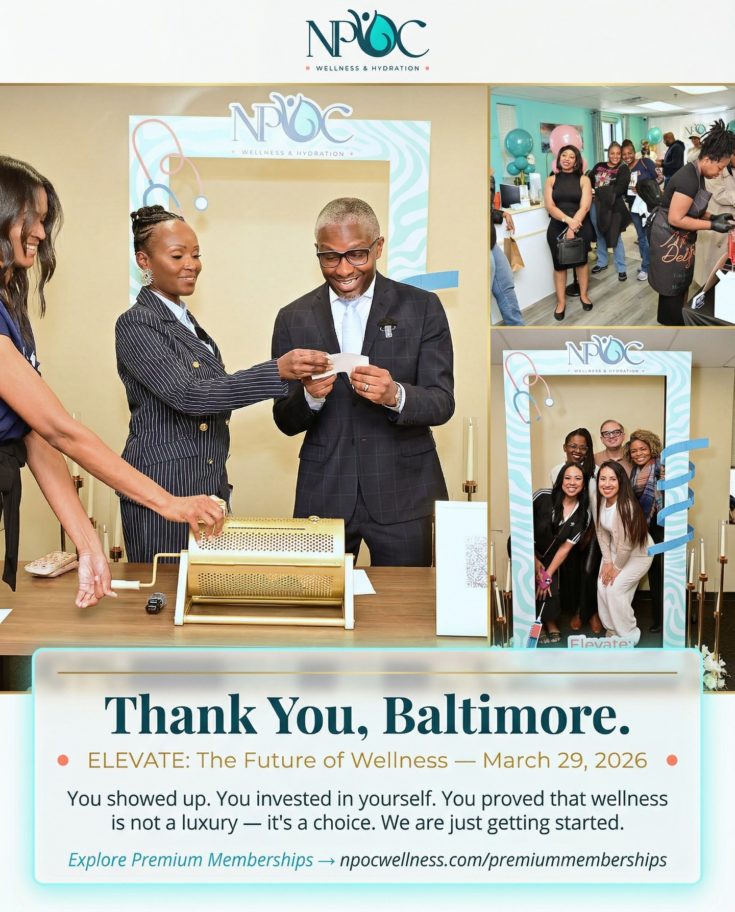 Baltimore — you showed up, and we are still feeling it.
ELEVATE: The Future of Wellness was more than an event.
It was proof. Proof that this community is ready to invest
in themselves. Proof that wellness done right feels nothing
like a clinic and everything like an experience.
IV drips. Wellness shots. AI skin mapping. Raffle wins.
Mimosas. Swag bags. Vendors who came to pour into you.
And a room full of people who chose to prioritize
themselves on a Saturday afternoon.
That's everything we built NPOC for.
If you were there — thank you. If you missed it —
this is your sign. The membership doors are open and
your first session is waiting.
#NPOCWellness #ElevateEvent #FutureOfWellness
#IVTherapy #WellnessClub #PremiumWellness
