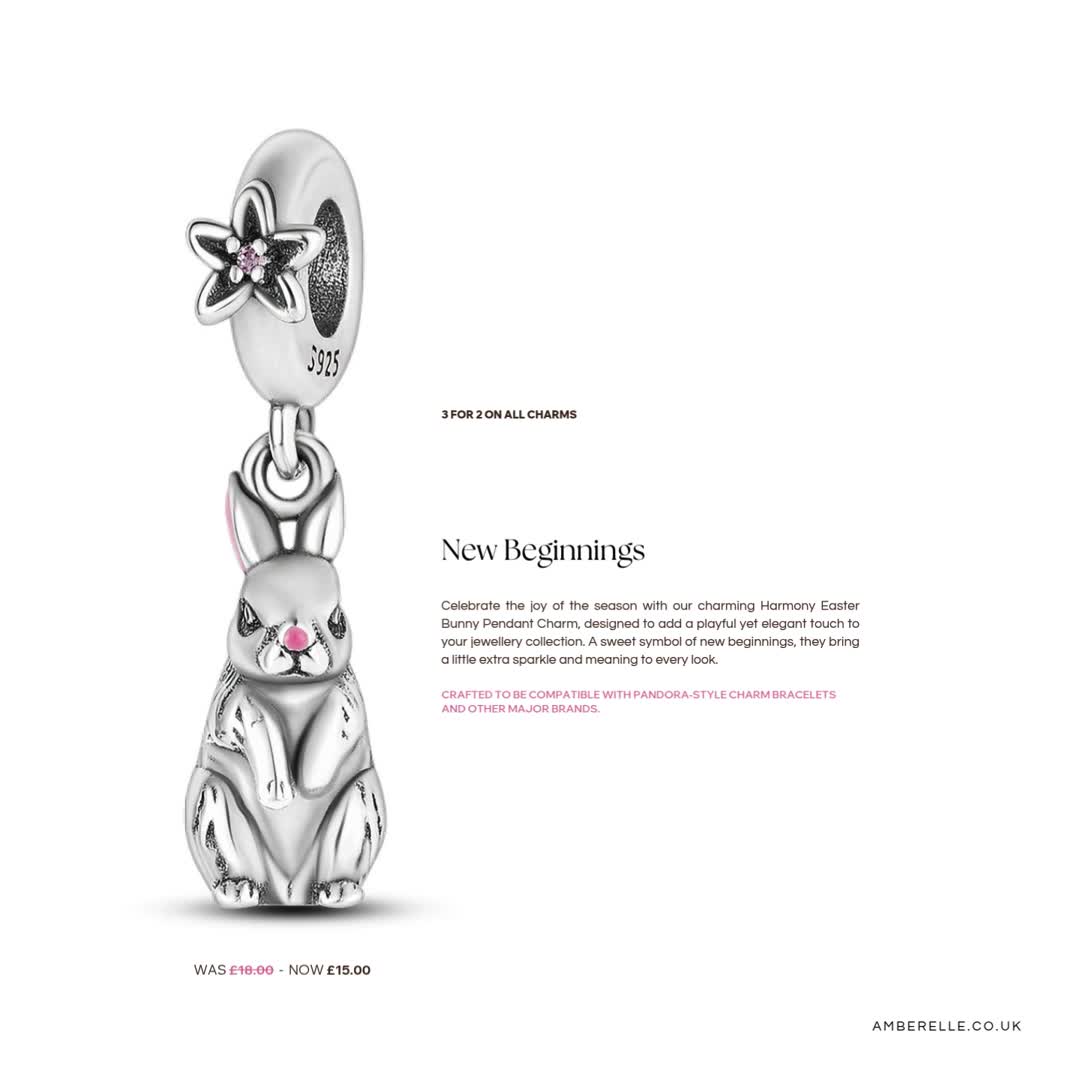 New Beginnings this Easter ✨🐰
Our Harmony Easter Bunny Pendant Charm is the perfect little symbol of fresh starts.
Now on a limited-time offer for just £15 (was £18) — don’t miss out!
Designed to fit all major charm bracelet brands, it’s the sweetest addition to your collection this season. 💖
Shop now before it hops away! 🐇
#EasterJewellery #CharmBracelet #EasterStyle #JewellerySale #NewBeginnings #amberelle #amberellejewellery