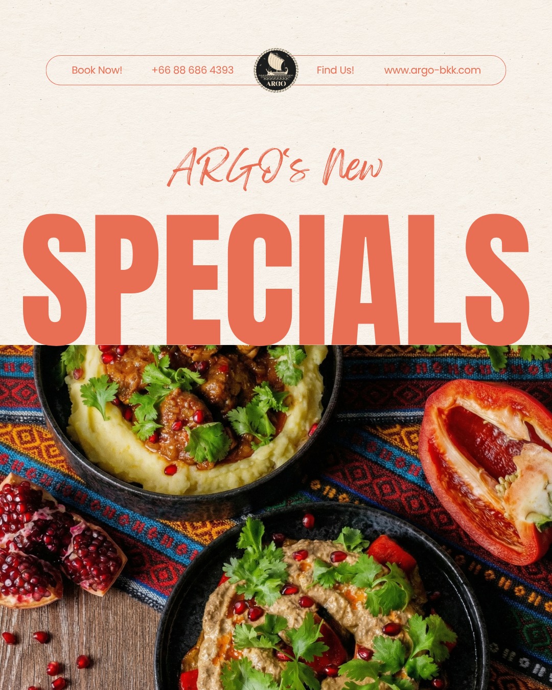 New flavors have landed at ARGO 🇬🇪✨
We’ve updated the specials menu - two new dishes have joined the lineup, and the table just got more exciting!
Meet the newest arrivals:
🍆 Badrijanis Satsivi - fried eggplant, bell pepper and potato in walnut bazhe sauce
🍗 Kalia - tender chicken thighs braised in pomegranate and adjika
…and returning favorites:
🫑 Tzitzaka Nigzvit
🥩 Tavaduri (Angus beef in red wine)
🍅 Porcupine Meatballs
🤍 Creamy Chicken Porcupine Meatballs
Georgian comfort, bold flavors, and dishes worth gathering for.
📍 ARGO Sukhumvit Soi 8 | 📞 +66 88 686 4393
#ARGOBKK #GeorgianFoodBangkok #BangkokRestaurants #SukhumvitDining #อาหารจอร์เจีย