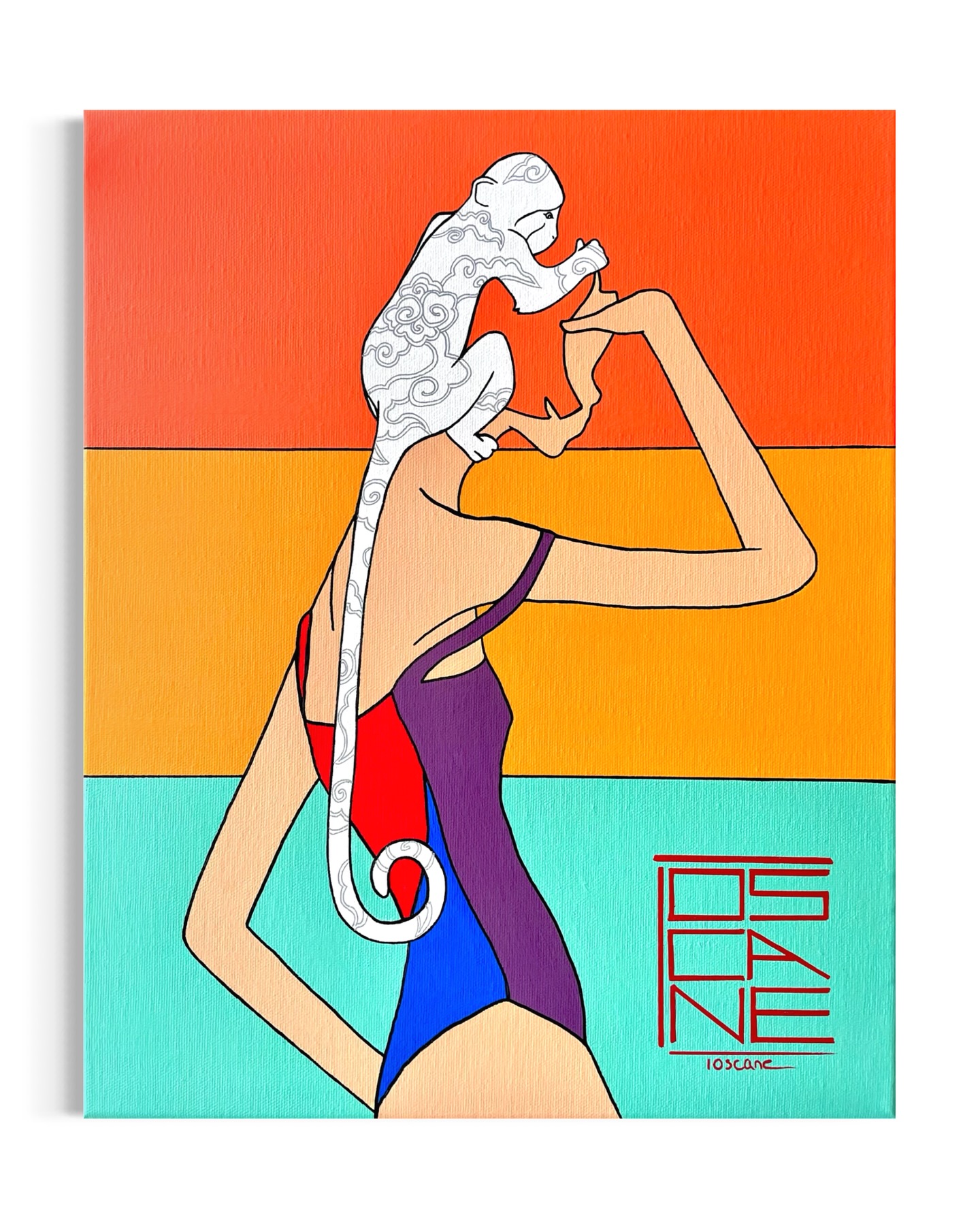«A tribord » (2025)
🦁Collection : Mona safari🦁
46 x 38 cm
Peinture acrylique et encres japonaises sur toile
Dans une composition ternaire inspirée par les grands maîtres de l'estampe japonaise et des lignes épurées de l'Art Déco, “À tribord” invite au voyage. Fondue de teintes rappelant un coucher de soleil en bord de mer, exotisme du petit singe blanc qui accompagne Mona, comme un perroquet accompagnerait un pirate...un souffle de liberté et de désinvolture semble émaner de cette toile.
L’art pour moi est une thérapie et une célébration de la vie. Vivre est un rêve que je peins en couleur 🎨
🔗 Découvrez cette œuvre sur www.toscane-art.com !
