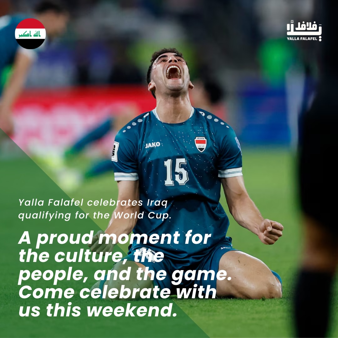 Celebrating a big moment for Iraq this weekend.
Proud, loud, and full of love for the game and the culture.
Come by, grab a bite, and celebrate with us. 🇮🇶🎉
#YallaFalafel #WorldCup #Iraq #Community #Celebrate