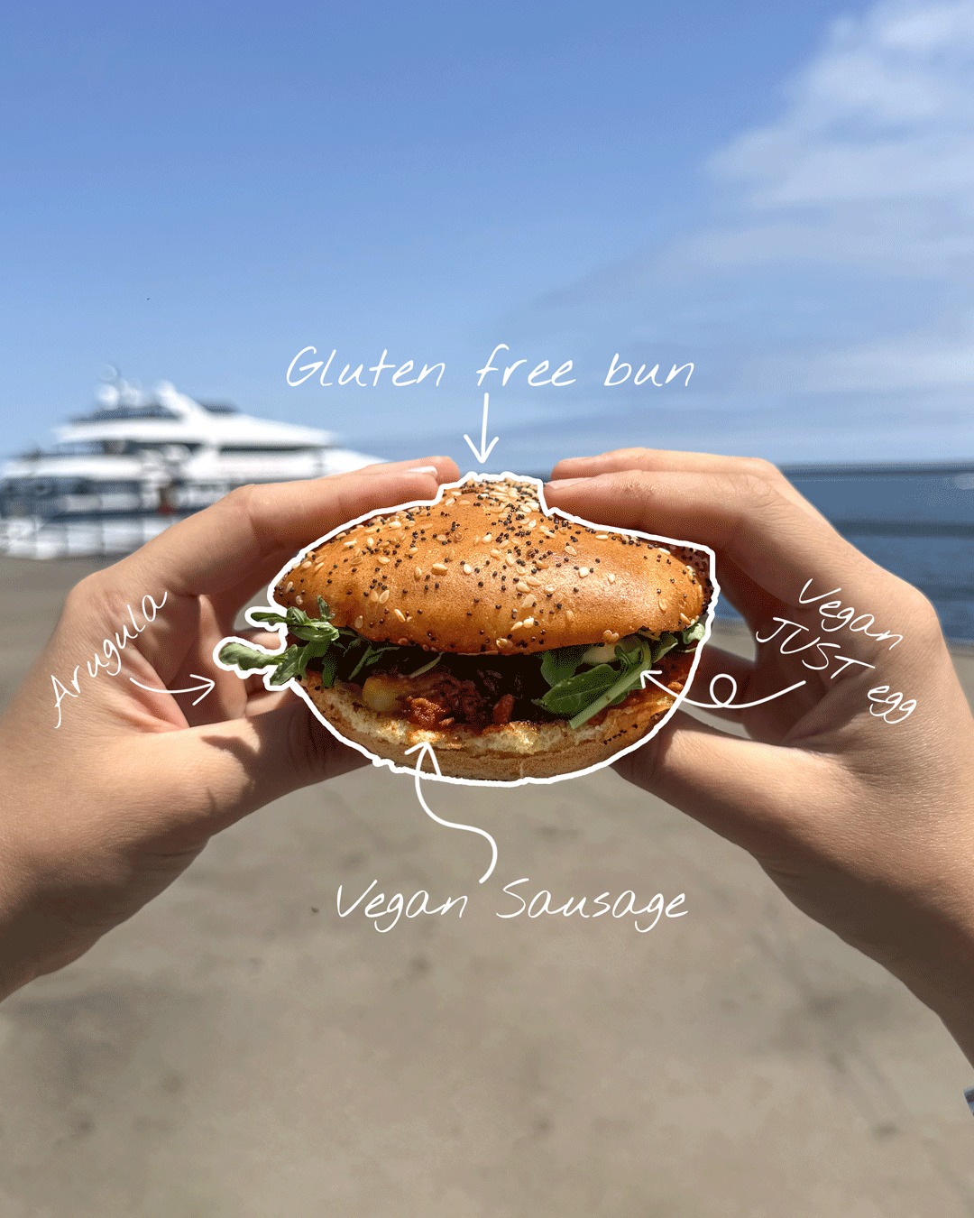 Start with our gluten-free bun and build your dream sandwich from there.
Vegan sausage, peppery arugula, fluffy Just Egg… every ingredient
is your choice. ❤️
Because the best sandwich is the one you create