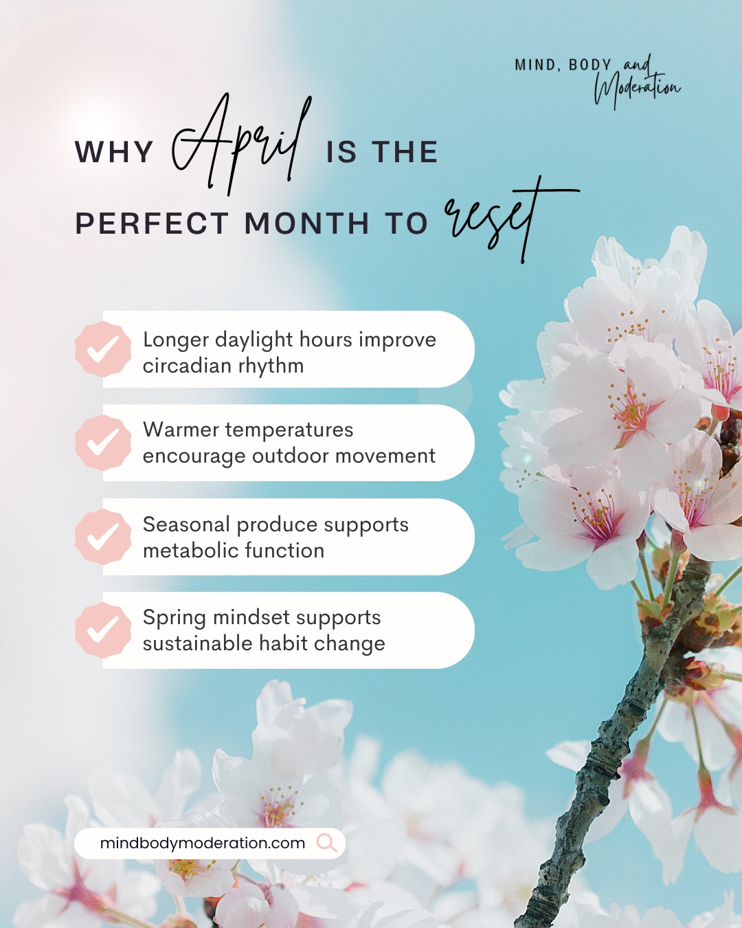 April creates natural conditions that make metabolic reset more effective after 40.
Longer daylight hours help regulate circadian rhythm, which improves sleep quality and hormone balance. Better sleep directly supports insulin sensitivity and energy regulation. Warmer temperatures make it easier to move more consistently, whether that means walking, strength training outdoors, or simply increasing daily steps.
Seasonal fruits and vegetables provide nutrient density that supports metabolic pathways, liver function, and inflammation control. There is also a psychological component. Spring often brings renewed motivation, making it easier to adopt habits that may have felt harder during winter.
Instead of forcing drastic change, use April to align with what your body is already primed to do.
Read the full breakdown here:
https://www.mindbodymoderation.com/post/why-april-is-the-best-month-to-reset-your-metabolism-after-40
Save this post and follow for practical metabolism support designed for women over 40.
#MetabolismAfter40 #WomenOver40 #HealthyAging #HormoneHealth #SpringReset