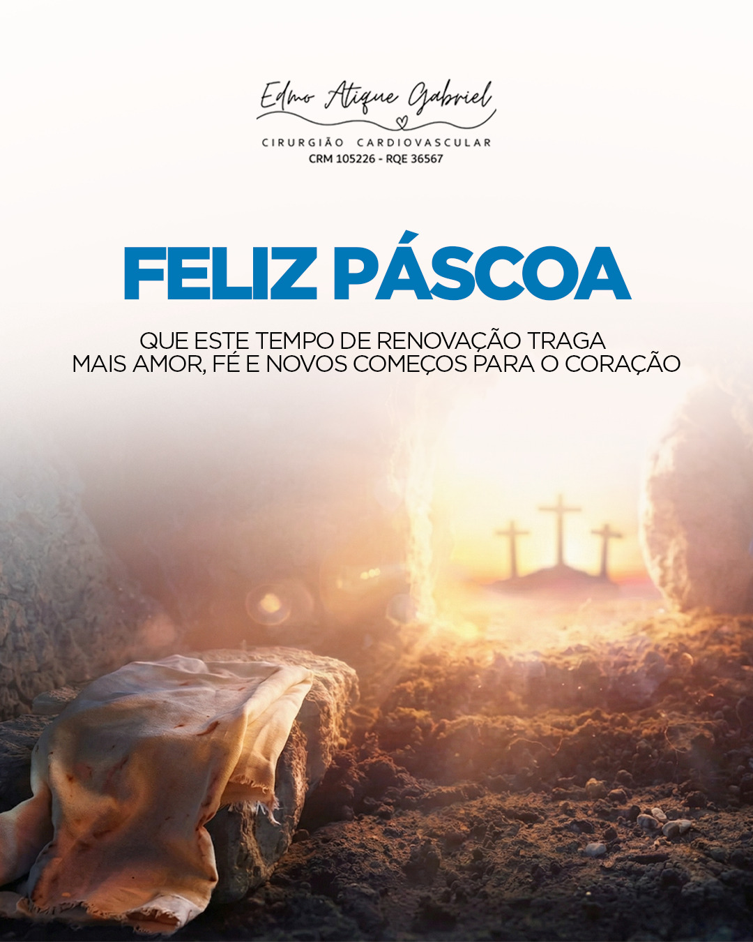 A Páscoa nos convida a pausar, refletir e recomeçar.
É tempo de renovação, de fortalecer a fé, de cultivar a esperança e de valorizar o que realmente importa: a vida, o amor e o cuidado com quem caminha ao nosso lado.
Que essa data traga luz aos corações, serenidade aos lares e a certeza de que sempre é possível recomeçar, por dentro e por fora.
💛 Feliz Páscoa! Que a renovação alcance sua vida e sua saúde.
Dr. Edmo Atique Gabriel - Cardiologista e Cirurgião Cardiovascular
#FelizPáscoa #TempoDeRenovação #Esperança #VidaNova #AmorAoPróximo #Páscoa #CuidarÉAmar #SaúdeEEsperança