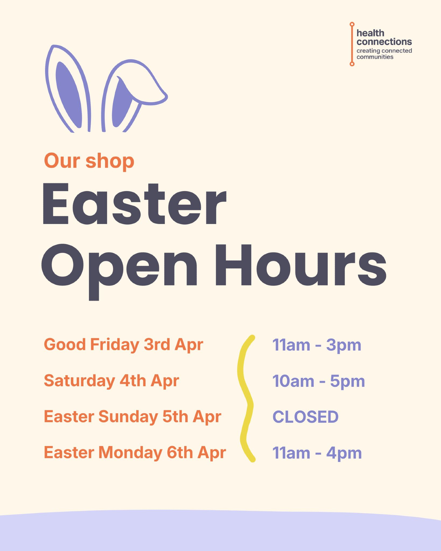 ❗ Easter Shop hours!
Please note that our shop, at on The Pollet (Beatrice House), will have slightly different opening times over the Easter weekend:
🔵 Good Friday - 11am - 3pm
🔵 Saturday 4th April - 10am - 5pm
🔵 Easter Sunday 5th April - CLOSED
🔵 Easter Monday 6th April - 11am - 4pm
We'll be back to normal from next week! In the meantime, don't forget to head to our online Community Directory of resources, clubs, groups, activities and support in The Bailiwick: 🌐directory.healthconnections.gg
🐰🌼 Wishing you a happy Easter from the whole team at Health Connections!
#creatingconnectedcommunities