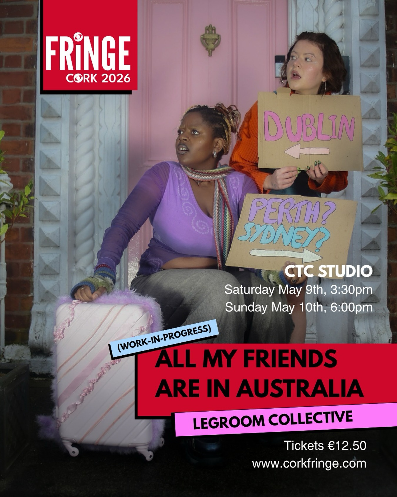 Trudy’s stuck in Dublin. Her best friend’s down under. She’s not dead. She’s just on a working visa.
You are now entering a binding contract, a waiver of unwavering friendship, with Trudy (whether you like her or not). You will become Trudy’s half-marathon motivators, party plus-ones and quarter-life crisis comforters. Together, let’s enter Trudy’s vibrant, oddly personal, and, at times unsettling, hybrid yoga/spin-class meets karaoke-nightclub extravaganza...
ALL MY FRIENDS ARE IN AUSTRALIA is an immersive, interactive exploration of friendship, distance, and the challenges of staying or leaving Ireland as a young adult.
📍@corktheatre Studio
📆 Saturday May 9th, 3.30pm | Sunday May 10th, 6:00pm
🎟️ €12.50 at www.corkfringe.com
This event is a work-in-progress showing.
Can’t make it to Cork? These legends @legroom.collective are also off to @galway_theatre_festival on May 1st 🎉
Cast & Crew:
Performer: Juliette Christle
Performer: Siobhán Matshazi
Creator & Director: Caoimhe O’Farrell
Creator & Writer: Lucy Bruton
Producer: Fionnuala Maher
Lighting designer - Cillian O’Donnell
Manager - Keely Jenkinson
Sound Designer: Isom Whelan
Costume & Set Designer: Laura Pendlebury
Marketing & Publicity: Lucy Bruton
