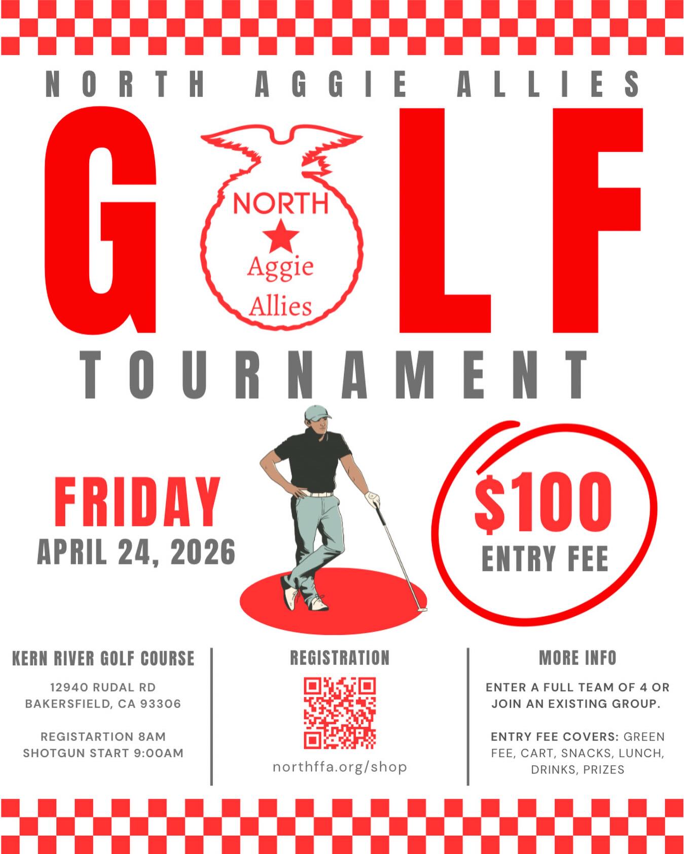 We are gearing up for the North Aggie Allies Golf Tournament on Friday, April 24, 2026 at Kern River Golf Course, and we would love to have you be part of it!
There are so many ways to support this event and our North FFA students:
🏌️ PLAY
Grab your friends and enter a team of 4, or sign up and we’ll help place you with a group!
⭐ SPONSOR
Support our students while getting your business or organization involved in a great community event.
🎁 DONATE A RAFFLE BASKET OR ITEM
We’re looking for fun raffle baskets, gift cards, goodies, experiences, and donated items to help make our raffle a success!
🙌 VOLUNTEER
Want to hang out with us and help make the day awesome? We’d love extra hands to help with setup, check-in, raffle, and more.
Your support helps fund opportunities for our students through FFA leadership experiences, scholarships, competitions, travel, and agricultural education programs.
📍 Kern River Golf Course
📅 Friday, April 24, 2026
🕗 Registration: 8:00 AM
🏌️ Shotgun Start: 9:00 AM
💲 $100 Entry Fee
🔗 Register here: northffa.org/shop
If you’d like to play, sponsor, donate, or volunteer, send us a message or reach out today!