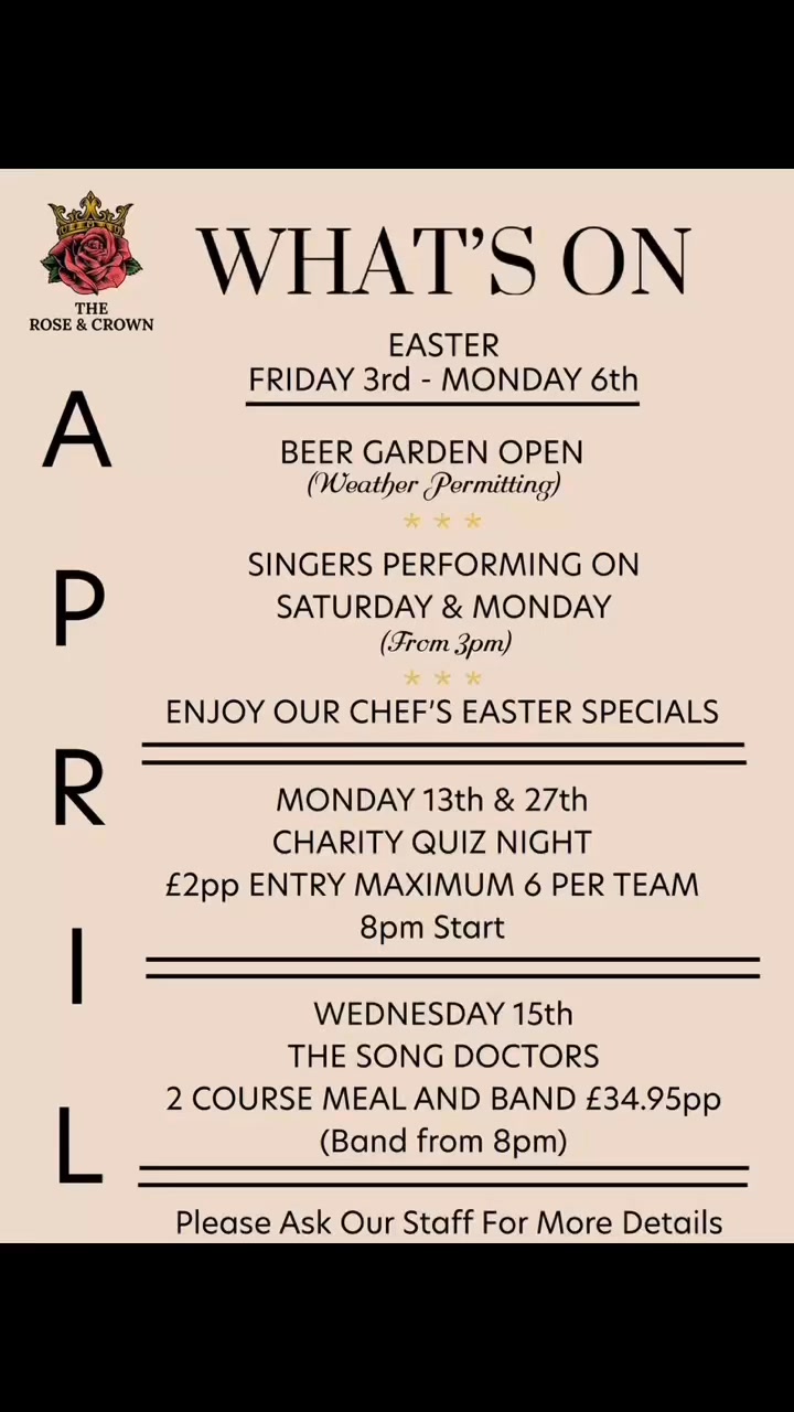 🌤️ What’s On This April at The Rose & Crown? 🍻
With the weather finally turning, there’s only one thing on our minds…
☀️ OPEN THE GARDEN!
Sun out = tables outside, cold drinks flowing, and absolutely no one volunteering to go back indoors 😄
And what makes it even better? LIVE MUSIC, great food and that proper Rose & Crown atmosphere.
Starting this Monday 30th with our Charity Quiz Night at 7:30pm, and plenty more coming throughout April. So gather your friends, grab a drink and enjoy the start of garden season with us.
Because let’s be honest… the first sunny pub garden of the year is basically a national event 🇬🇧🍺
Plans this weekend? Why not join us!
Book your table online:
https://web.dojo.app/create_booking/vendor/56Zde-9zdMk87e8zpQFmllJ3Ys3tPOtKa3FkzVjx31Q_restaurant
#RoseAndCrown #PubGardenSeason #AprilEvents #EssexPubs #LiveMusic #PubGarden #QuizNight #SpringVibes #WeekendPlans #SupportLocal #BookATab