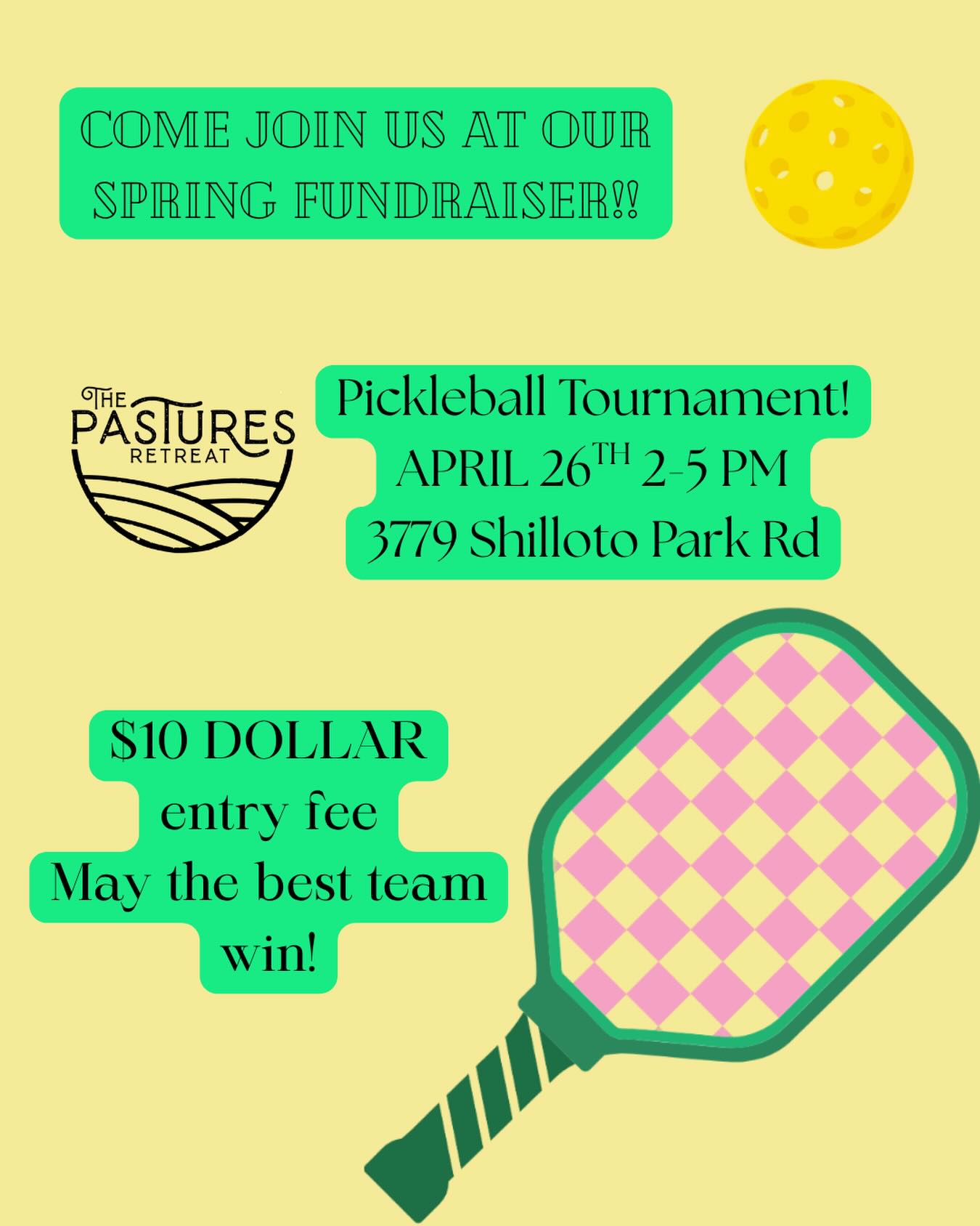 Come join us at our spring fundraiser!!! We will be having a pickleball tournament again! All proceeds will go towards the pastures retreat! We would love to have you, come on out!! We will be enjoying the sun ☀️ having tons of fun 🤩 and playing lots of pickleball 🏅 may the best team win!!! Registration link is in our bio!!