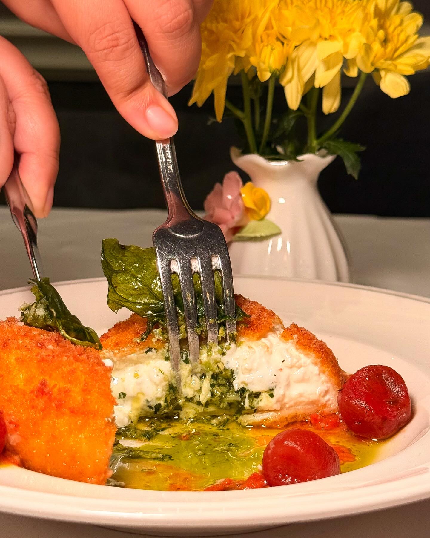 The richest indulgences don’t always have to be sweet. It can also appear as a savoury, velvety, unrepentantly creamy burrata bomb, covered in panko and deep fried till the crust is golden and crispy with a pesto surprise in the middle.
