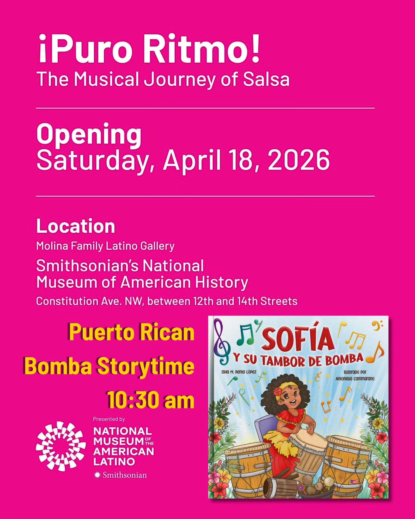 ¡Sofía va para el Smithsonian! ✨️🏛
Muy honrada de compartir que *Sofía y su Tambor de Bomba* será parte de la celebración del Día del Niño, y también de la apertura de la nueva exhibición “¡Puro Ritmo! The Musical Journey of Salsa” 🎶 en el Smithsonian National Museum of the American Latino. Esta es una exhibición bilingüe que recorre la evolución de la salsa desde sus raíces afrocaribeñas hasta su consolidación como una tradición musical fundamental en Estados Unidos.
Que mi libro llegue a este espacio del Smithsonian significa que nuestras historias están siendo reconocidas donde pertenecen. Y el que allí suenen los nuestros barriles es un recordatorio de que lo que sembraron 🌱 nuestros ancestros sigue vivo.
📆 18 de abril
📍GM Learning Lounge, 1er piso
🤲🏼 Este es el primero de 3 anuncios especiales de Sofía ✨️👩🏽🦱
Más información: https://www.si.edu/exhibitions/puro-ritmo-musical-journey-salsa%3Aevent-exhib-6796
---
Sofía is going to the Smithsonian! ✨🏛
I’m deeply honored to share that *Sofía and her Bomba Drum* will be part of the Día del Niño celebration, as well as the opening of the new exhibition “¡Puro Ritmo! The Musical Journey of Salsa” 🎶 at the Smithsonian National Museum of the American Latino. This is a bilingual exhibition that traces the evolution of salsa from its Afro-Caribbean roots to its emergence as a defining musical tradition in the United States.
For my book to reach this space at the Smithsonian means that our stories are being recognized where they belong. And knowing that our barriles will sound there is a reminder that what our ancestors planted 🌱 is still alive.
📆 April 18
📍 GM Learning Lounge, 1st Floor
🤲🏽 This is the first of 3 special Sofía announcements ✨👩🏽🦱
More information:
https://www.si.edu/exhibitions/puro-ritmo-musical-journey-salsa%3Aevent-exhib-6796
#ChildrensBook #CuentosInfantiles
#Storytime #LecturaEnVozAlta #BombaPuertorriqueña