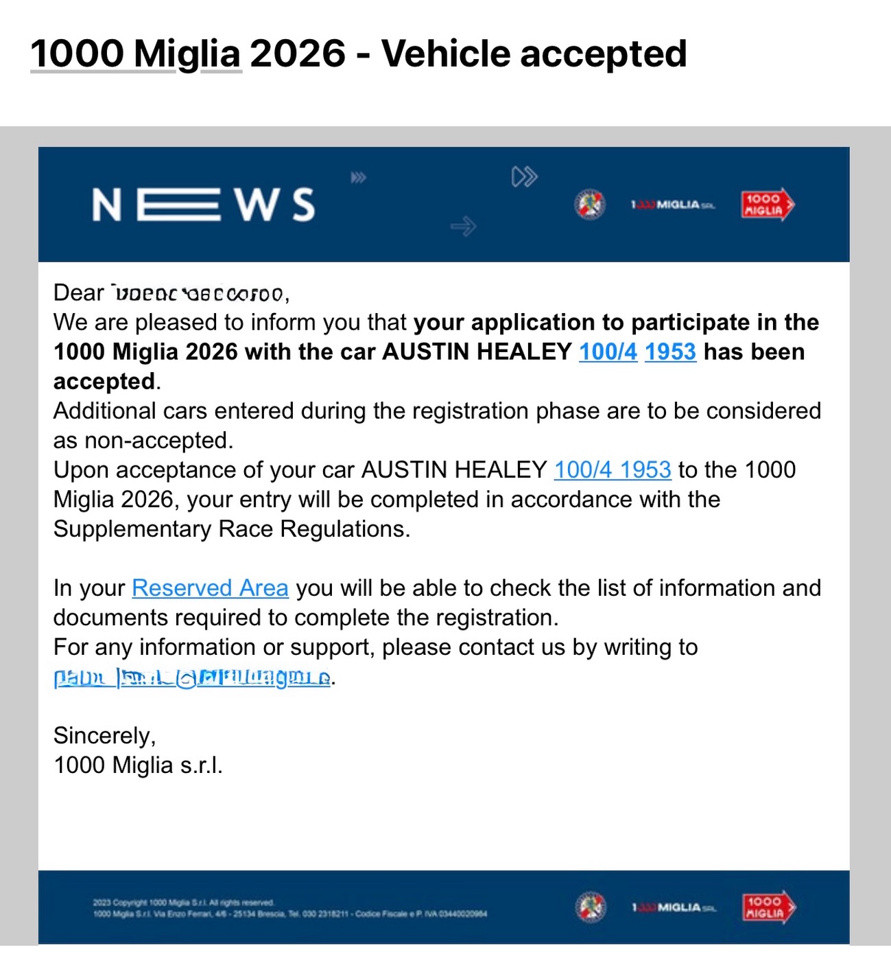 🏁 Great News! It’s official… The letter has arrived and it’s set in stone: Our Austin Healey 100/4 has been accepted for the Mille Miglia 2026! 🇮🇹🚗
We are incredibly proud to announce that our Racing Queen will be hitting the legendary route as part of the amazing Team 👉 Villa Trasqua! A thousand miles of pure passion, historic roads, and the unmistakable roar of automotive history await us. The Mille Miglia is a legendary long-distance race over 1,000 miles through Italy, which was held as a real speed event from 1927 to 1957 and is now considered the world’s most prestigious regularity rally for historic sports cars built between these years. ⭐️
The Mille Miglia is a challenge for man and machine and after 2020 the Racing Queen is now there for the second time... A huge thank you goes out to our partners at AH Spares and Hauck Classics for helping us keep our Healey in top shape and standing by our side for this epic journey! 🛠️❤️
Make sure to follow 👉 @RacingQueen1953 to stay in the loop. We’ll take you along for the entire ride: from the final preparations in the garage to every single kilometer on the Italian roads.
Andiamo! ⏱️💨 #millemiglia #millemiglia2026 #RacingQueen #AustinHealey #ClassicRacing
@millemigliaofficial @villatrasqua @villatrasqua_millemiglia @teamvillatrasqua @ahspares @hauck.classics @austin_healey_magazine @a_h_c_g @vintagedriver_de @suixtil @luganoelegance