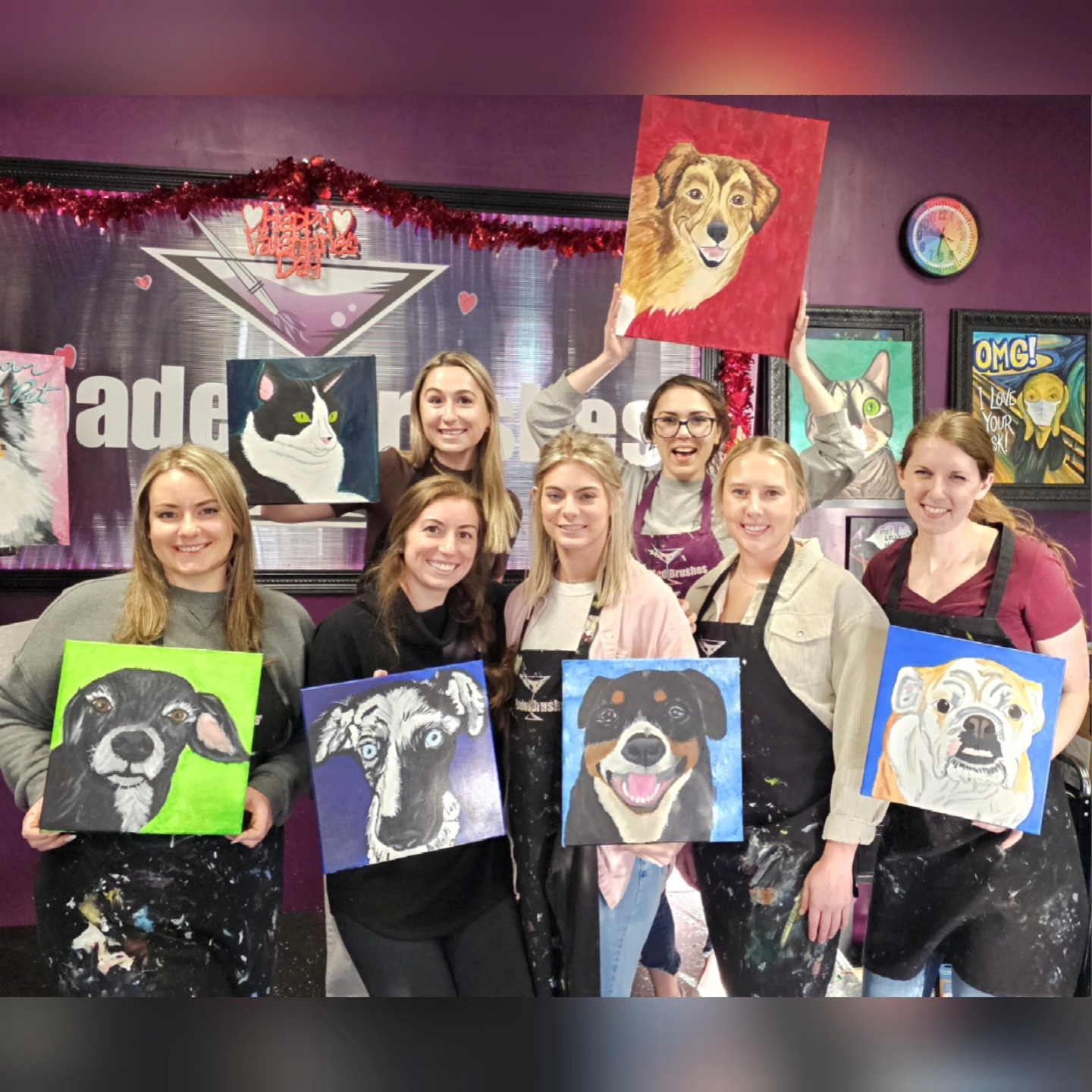 Look at all the beautiful dogs and sweet kitty! Ladies, you all did a great job. Happy Birthday Madison! 🥳🥂
.
.
.
#happybirthday #paintandsip #paintyourpet #petportrait #art #dogsofinstagram #cat #paintpaintpaint #artparty #shopsmall #loadedbrushes #thankyou #familyowned
