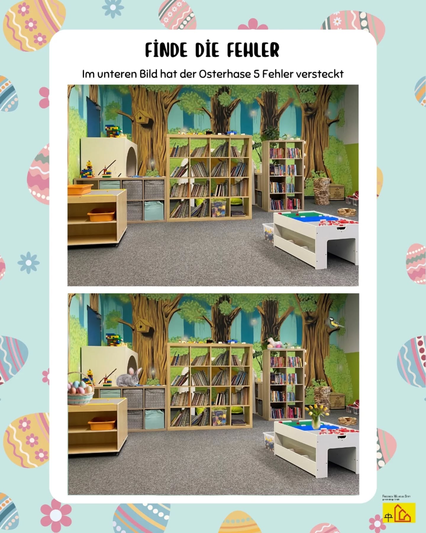 Wir wünschen frohe Ostern! Auch bei uns war der Osterhase. In diesem Raum der OGS hat er 5 Fehler versteckt. Wer alle findet, kommentiert: 🐰
#fwshamm #ostern #Jugendhilfe #eiersuche #schulferien