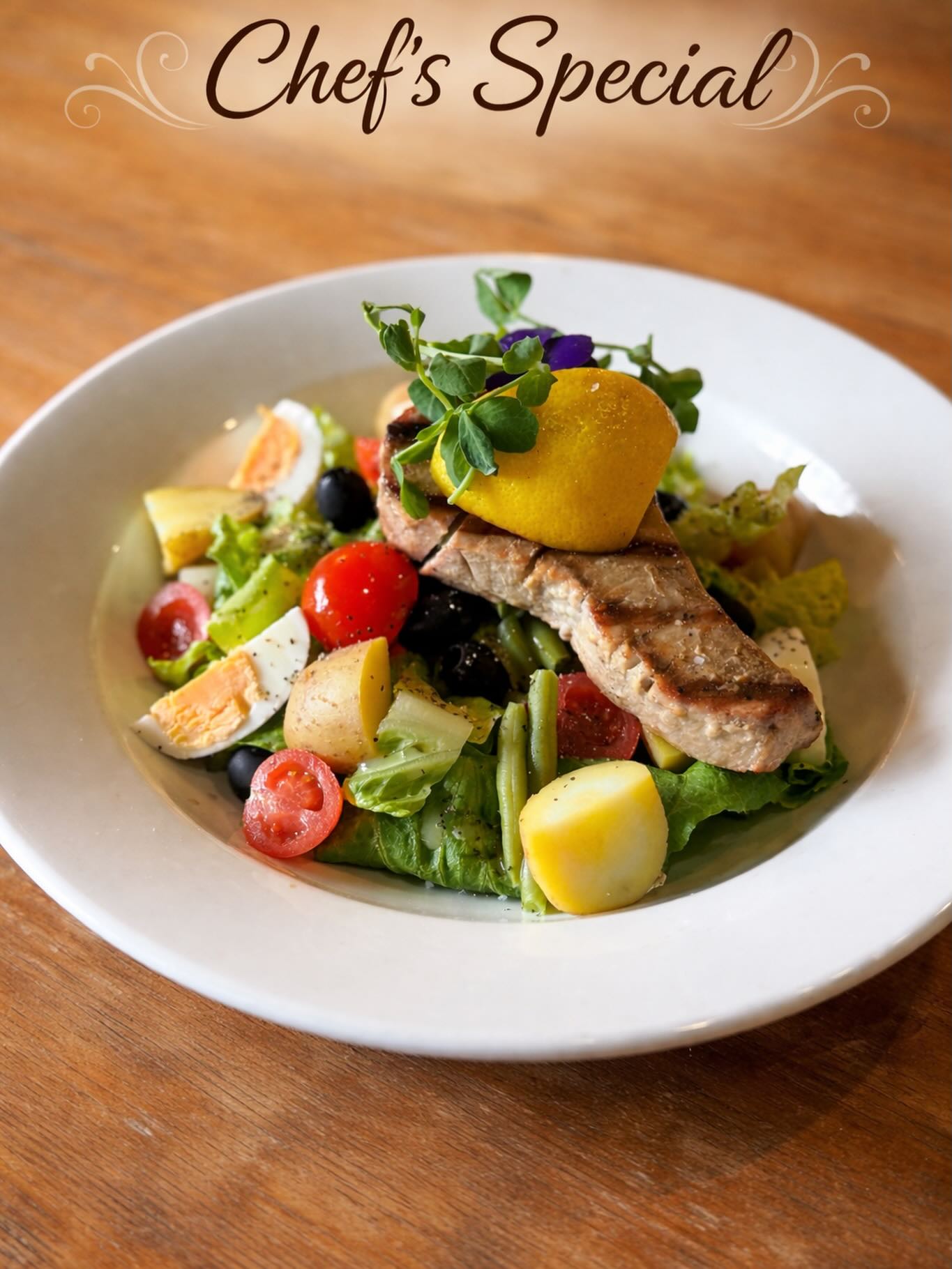 Chef’s Special Today
Tuna Niçoise — a fresh and vibrant classic, served with crisp green beans, perfectly boiled eggs, tender new potatoes, black olives, cherry tomatoes, and crisp cos lettuce.
Come down and discover our daily specials on the board at The Old Dunnings Mill.