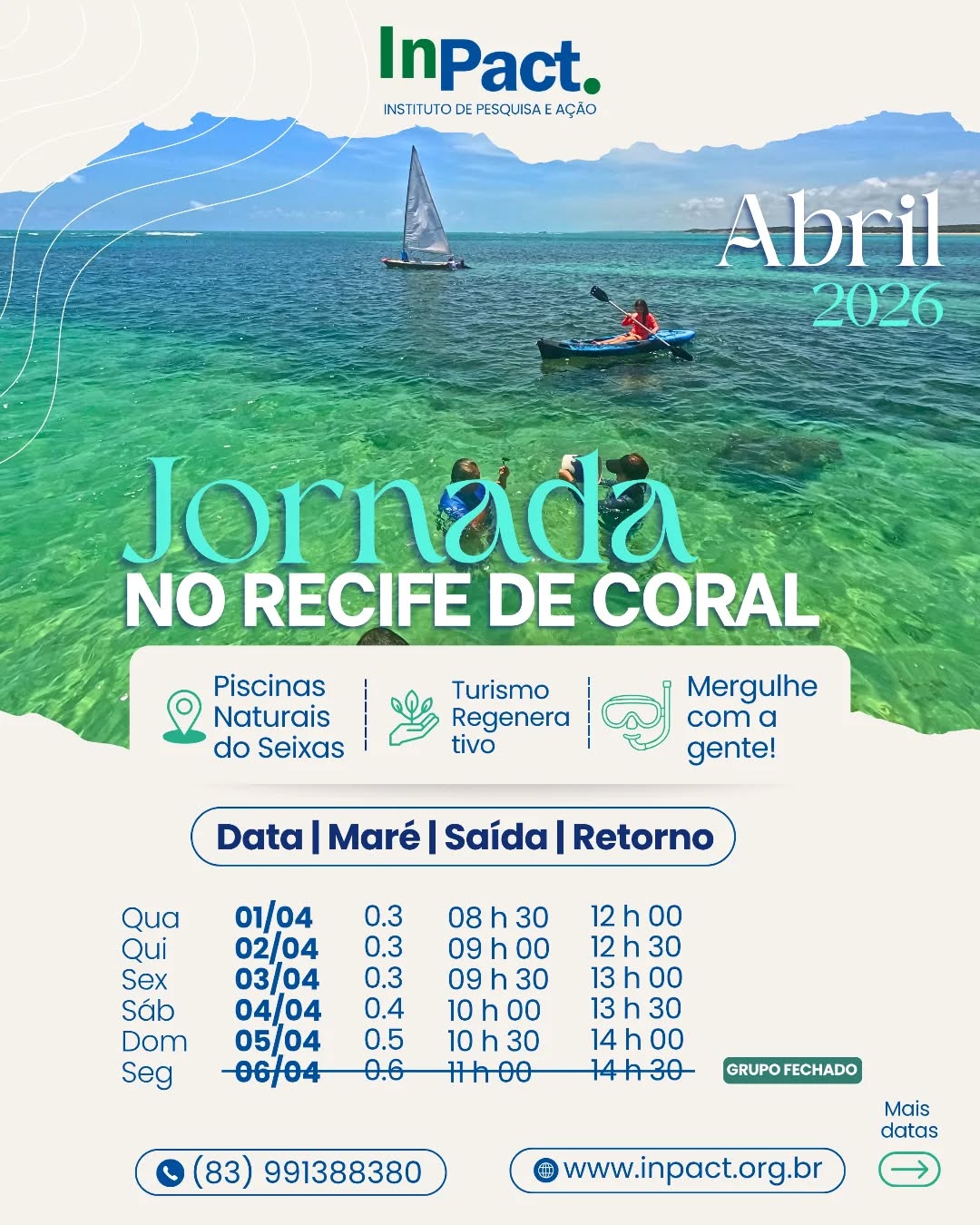 ✨ Agenda de Abril está ABERTA! ✨
Já pensou em viver uma experiência única de conexão com a natureza? 🌎💙
A Jornada nos recifes de Coral é um passeio educativo e encantador, onde você conhece de perto os corais, a vida marinha e a importância da conservação dos nossos oceanos.
📅 Confira as datas disponíveis
📲 Faça sua reserva pelos nossos canais de atendimento:
📱WhatsApp: (83) 99138-8380
✉️Direct message
🌐 Saiba mais em: www.inpact.org.br
📍Local de embarque: Rua dos Pescadores, 501. Ponta do Seixas, João Pessoa - PB.
Vagas limitadas! Garanta já a sua e venha viver essa experiência transformadora 🌊✨
#JornadaNorecifedeCoral #RecifeDeCorais #TurismoSustentável #EducaçãoAmbiental #ExperiênciaInPACT