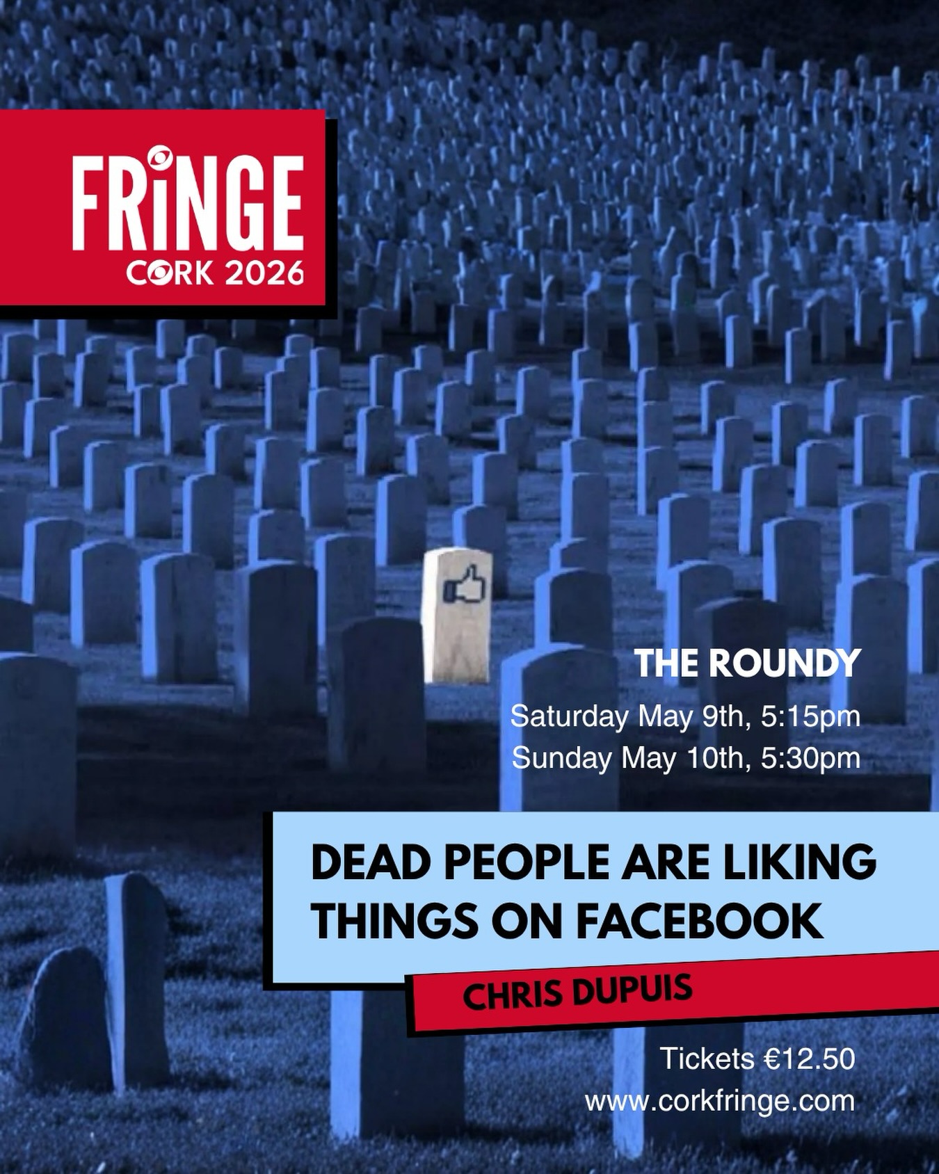 Facebook has 2.9 billion users. Just over 30 million are dead. By 2065, dead users will outnumber the living, rendering the site a digital graveyard.
In this award-winning lecture performance, artist Chris Dupuis scrolls through Facebook, looking at profiles of friends who have passed away and discussing how they died.
Touching on mental health, addiction, HIV/AIDS, gender identity, and anti-gay violence, “Dead People Are Liking Things On Facebook” asks what meaning can be taken from our online afterlives.
Do we remember people as they actually were or as they wanted to be?
Dead People Are Liking Things On Facebook has won @fin_fringe Edge Award, @stoffholm Jury Grand Prix and Best Solo Performance at Reykjavik Fringe.
📍@theroundy
📆 Saturday May 9th, 5:15pm | Sunday May 10th, 5:45pm
🎟️ Tickets €12.50 at www.corkfringe.com
Cast & Crew:
Chris Dupuis: Creator/Performer
Chris O’Reilly: Producer